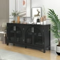 thumbnail image 1 of Euroco 4 Artificial Rattan Doors Black Sideboard Solid Wood Buffet Cabinet Storage, 1 of 8