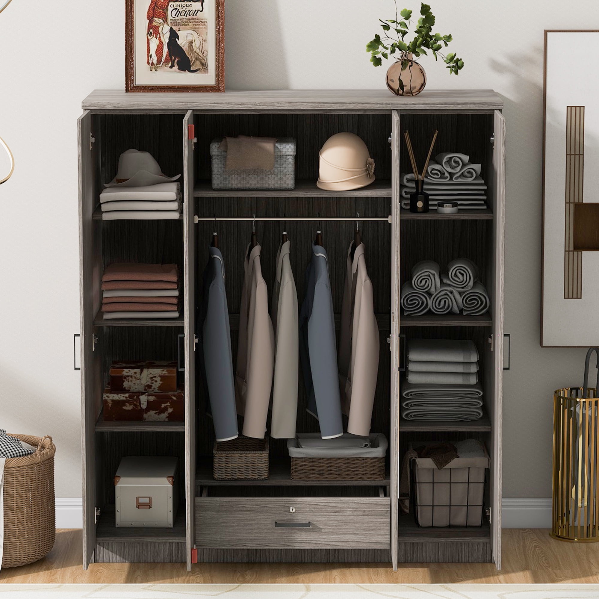 Euroco 4-Door Wood Armoire, Wardrobe with Mirror and Drawer, Grey