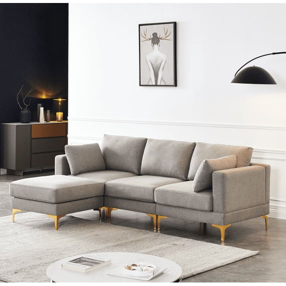 Euroco 4-Peice Modern Sectional Sofa with 2 Pillows, L Shape Modular Sofa Set for Living Room Office, Gray