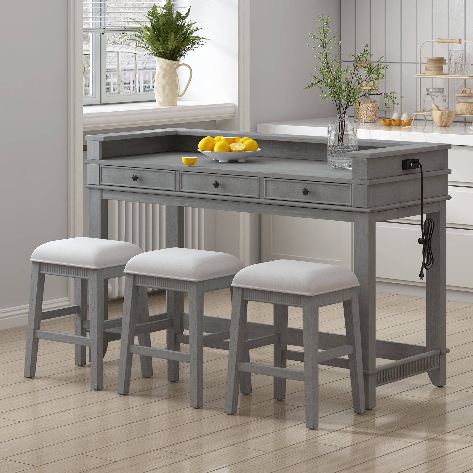 Euroco 4-Piece Kitchen Bar Table and Chairs Set for 3,Retro Dining Room Set with Power Outlet,3 Drawers & 3 Stools for Small Spaces,Light Grey
