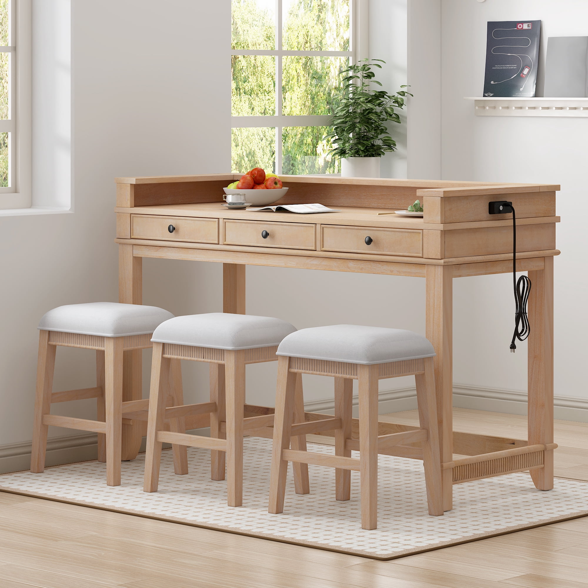 Euroco 4-Piece Kitchen Bar Table and Chairs Set for 3,Retro Dining Room Set with Power Outlet,3 Drawers & 3 Stools for Small Spaces,Natural