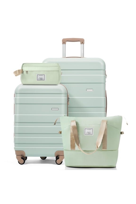 4 Piece Luggage Set, 20" Carry on Suitcase,28" Checked Suitcase with TSA Lock,Spinner Wheels,Duffel & Toiletry Bags,Durable Hardshell Lightweight Suitcase Set for Family Travel,Green