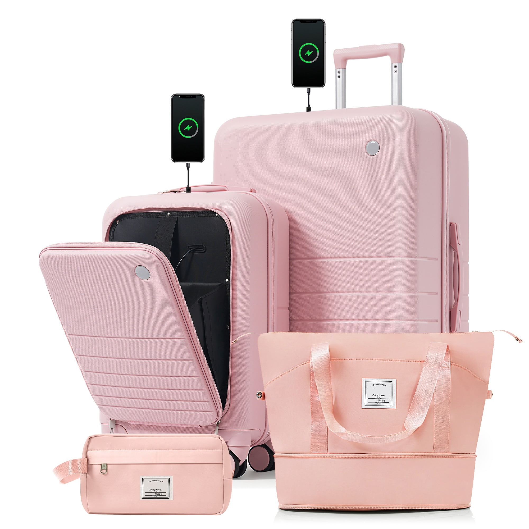 Euroco 4 Piece Luggage Sets, 20" Carry On Luggage with Front-Opening & Cup Holder, 20/28inch Hardside Suitcase Set with USB Charging Ports,TSA Lock & Spinner Wheels for Travel,Pink