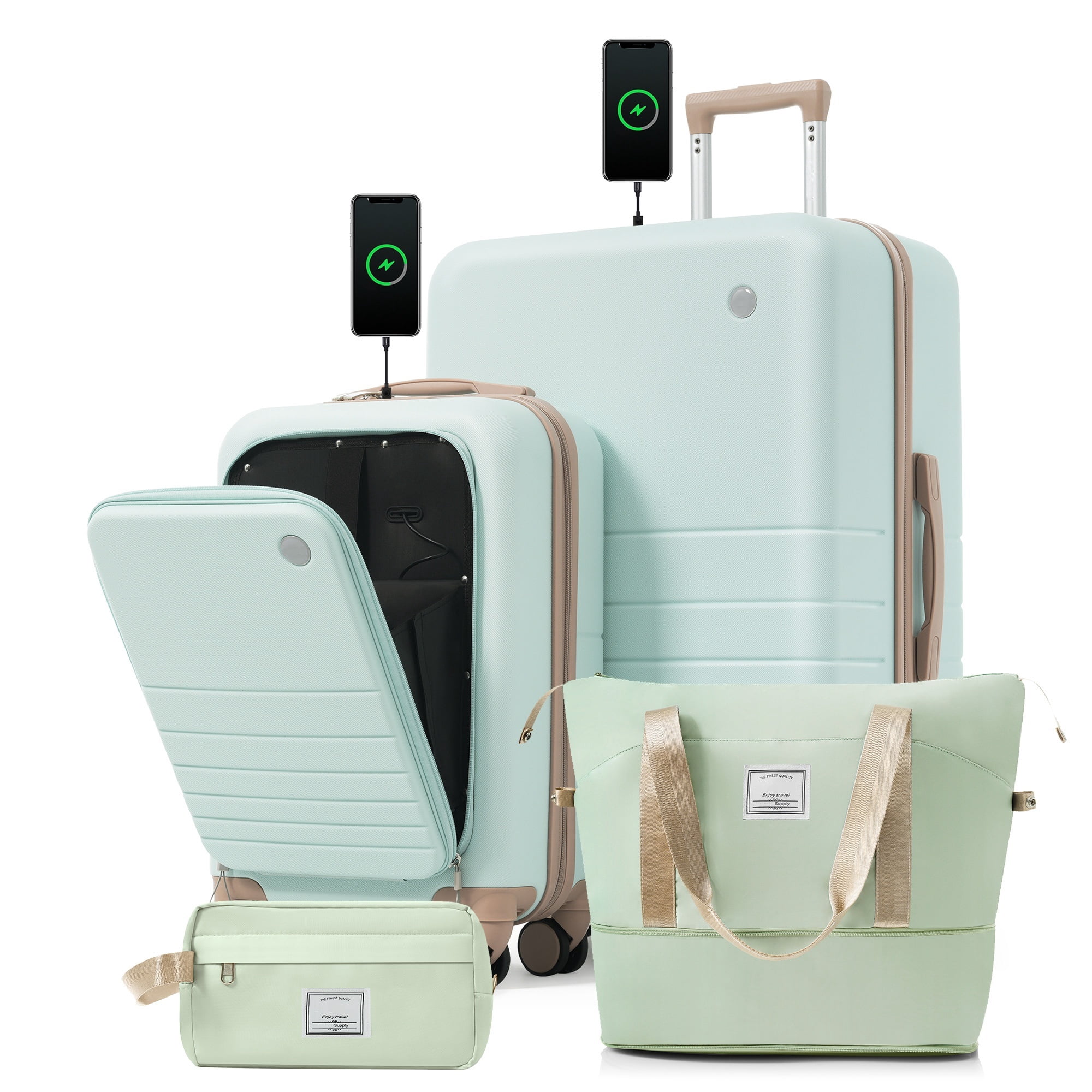 Euroco 4 Piece Luggage Sets, 20" Carry On Luggage with Front-Opening & Cup Holder, 20/28inch Hardside Suitcase Set with USB Charging Ports,TSA Lock & Spinner Wheels for Travel,Green