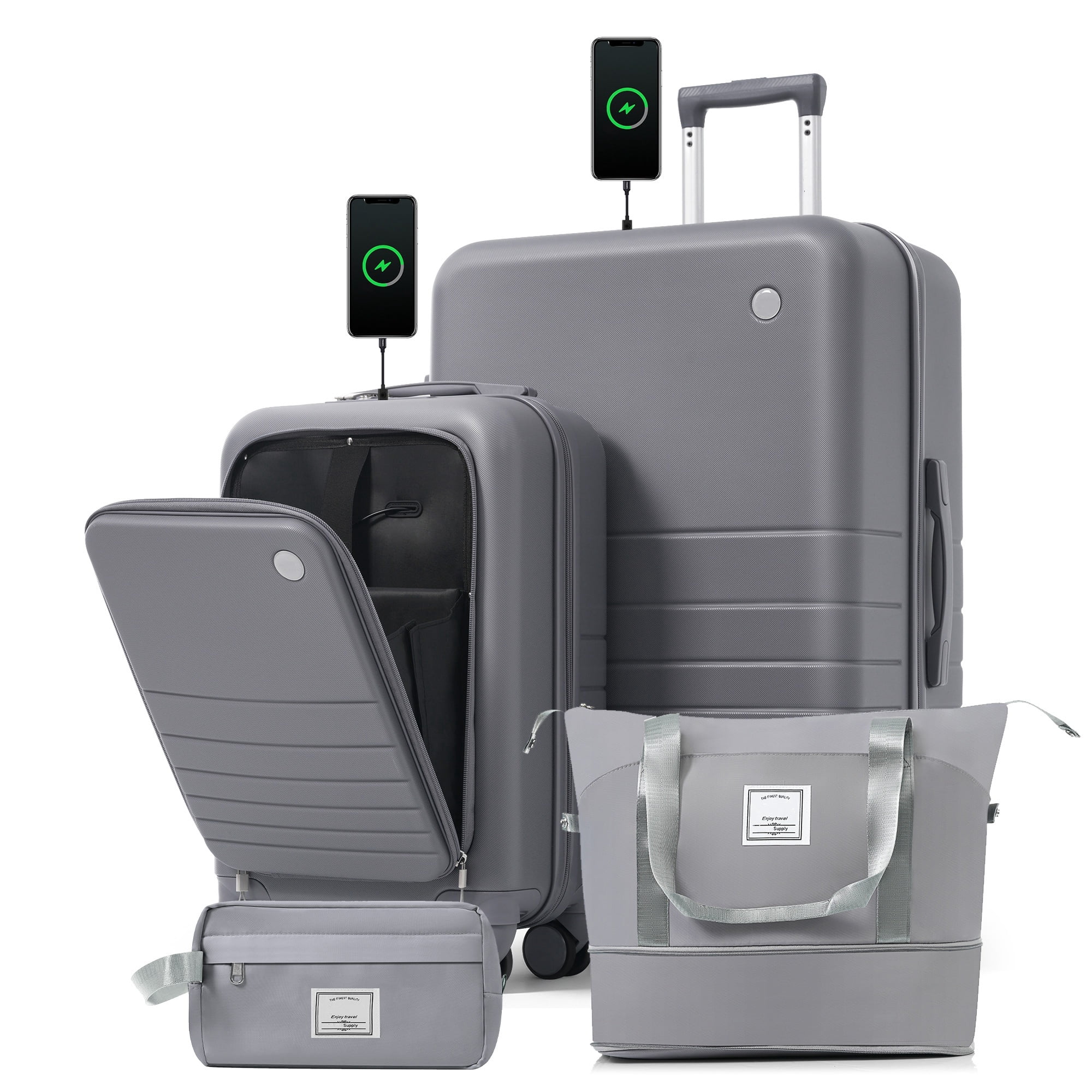 Euroco 4 Piece Luggage Sets, 20" Carry On Luggage with Front-Opening & Cup Holder, 20/28inch Hardside Suitcase Set with USB Charging Ports,TSA Lock & Spinner Wheels for Travel,Grey