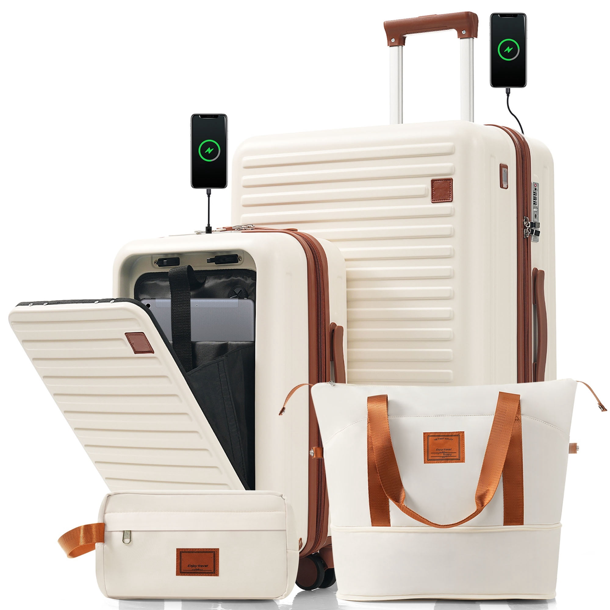 Euroco 4 Piece Luggage Sets,20" Carry-On Luggage with Front-Opening & Cup Holder,20/28inch Suitcase Set with USB Port,TSA Lock, Spinner Wheels,Travel Duffel Bag & Dry Toiletry Bag,Ivory