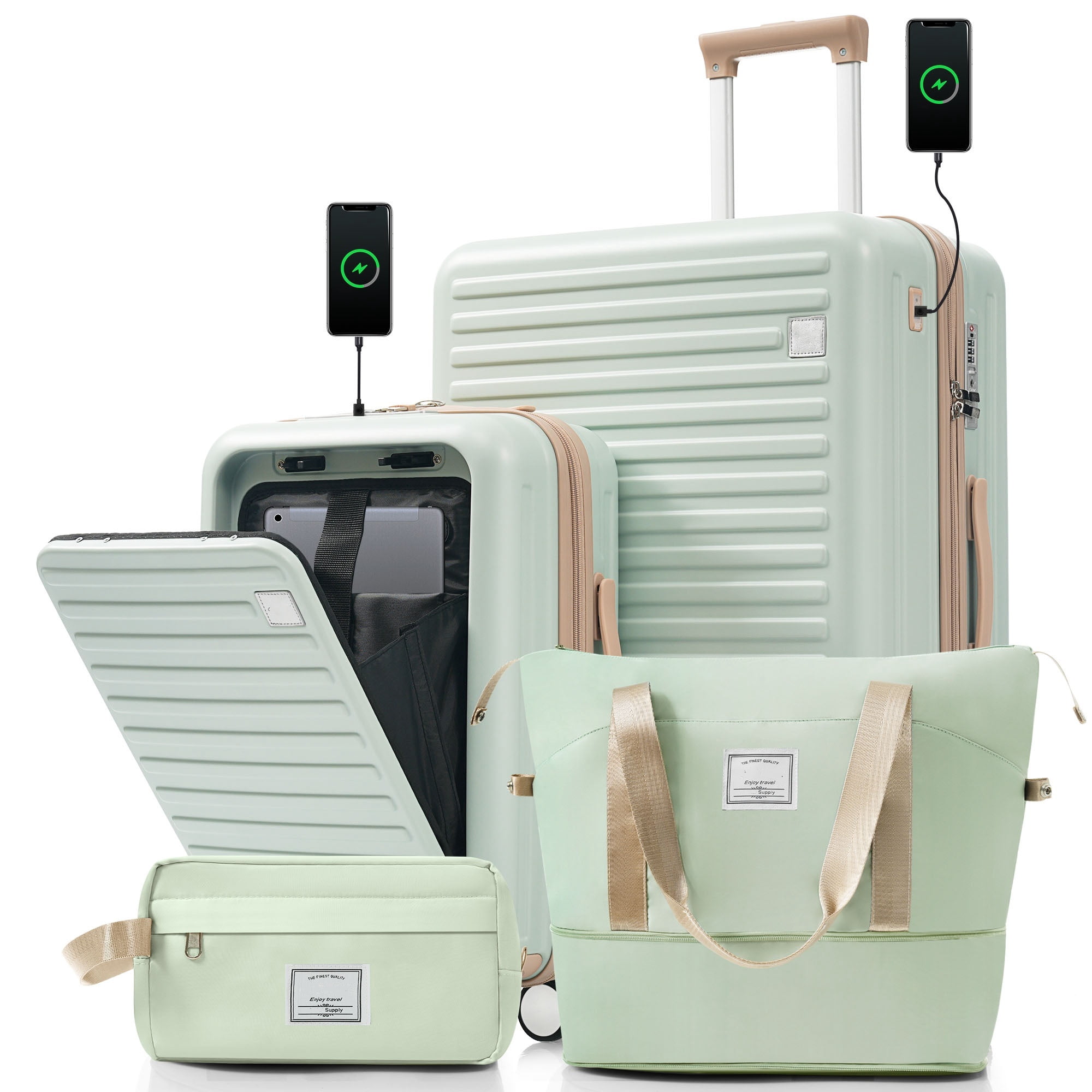 Euroco 4 Piece Luggage Sets,20" Carry-On Luggage with Front-Opening & Cup Holder,20/28inch Suitcase Set with USB Port,TSA Lock, Spinner Wheels,Travel Duffel Bag & Dry Toiletry Bag,Green