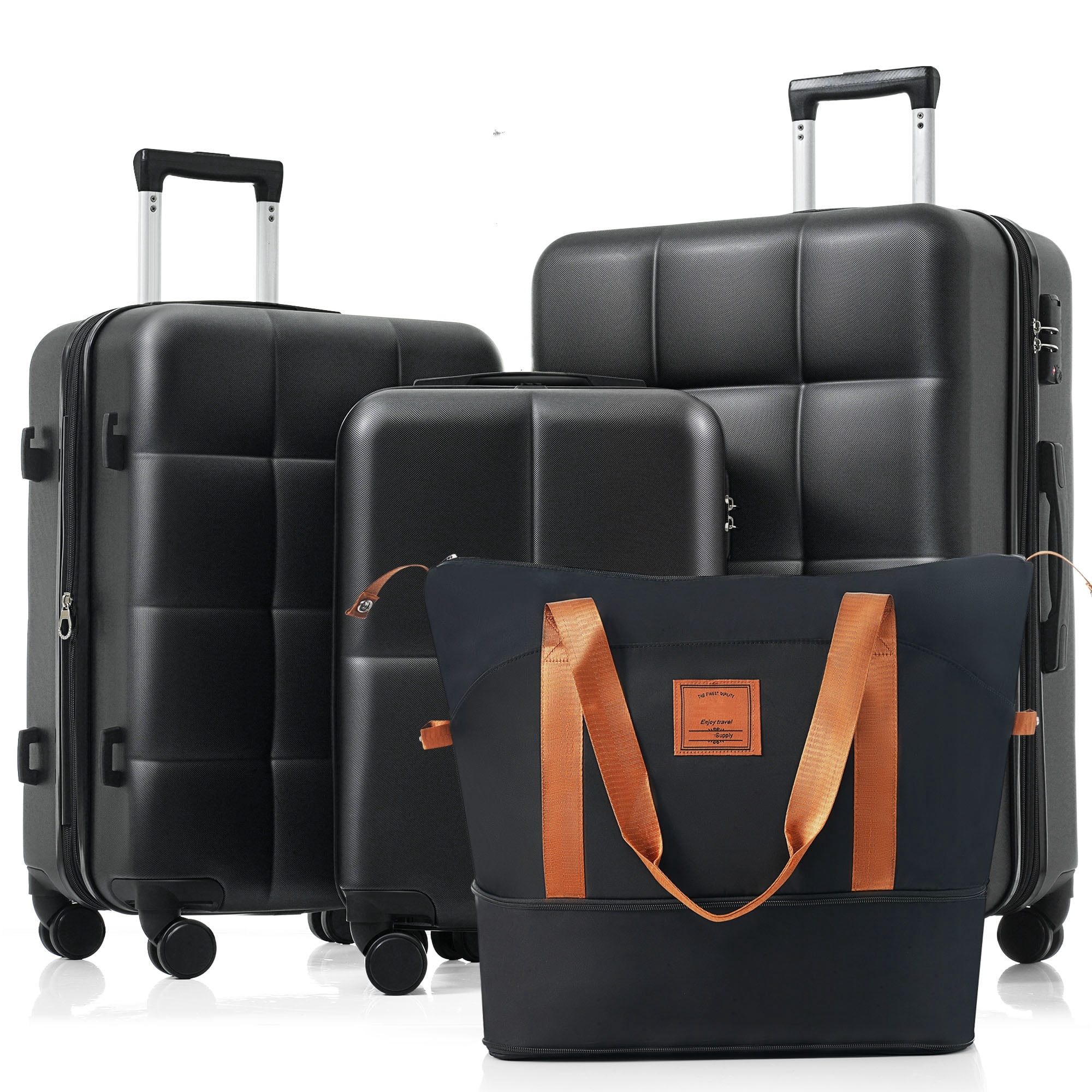 Euroco 4 Piece Luggage Sets, ABS Hardside Durable Suitcase with Travel Bag,Cup Holder, Spinner Wheels and TSA Lock for Travel(20"/24"/28"),Black