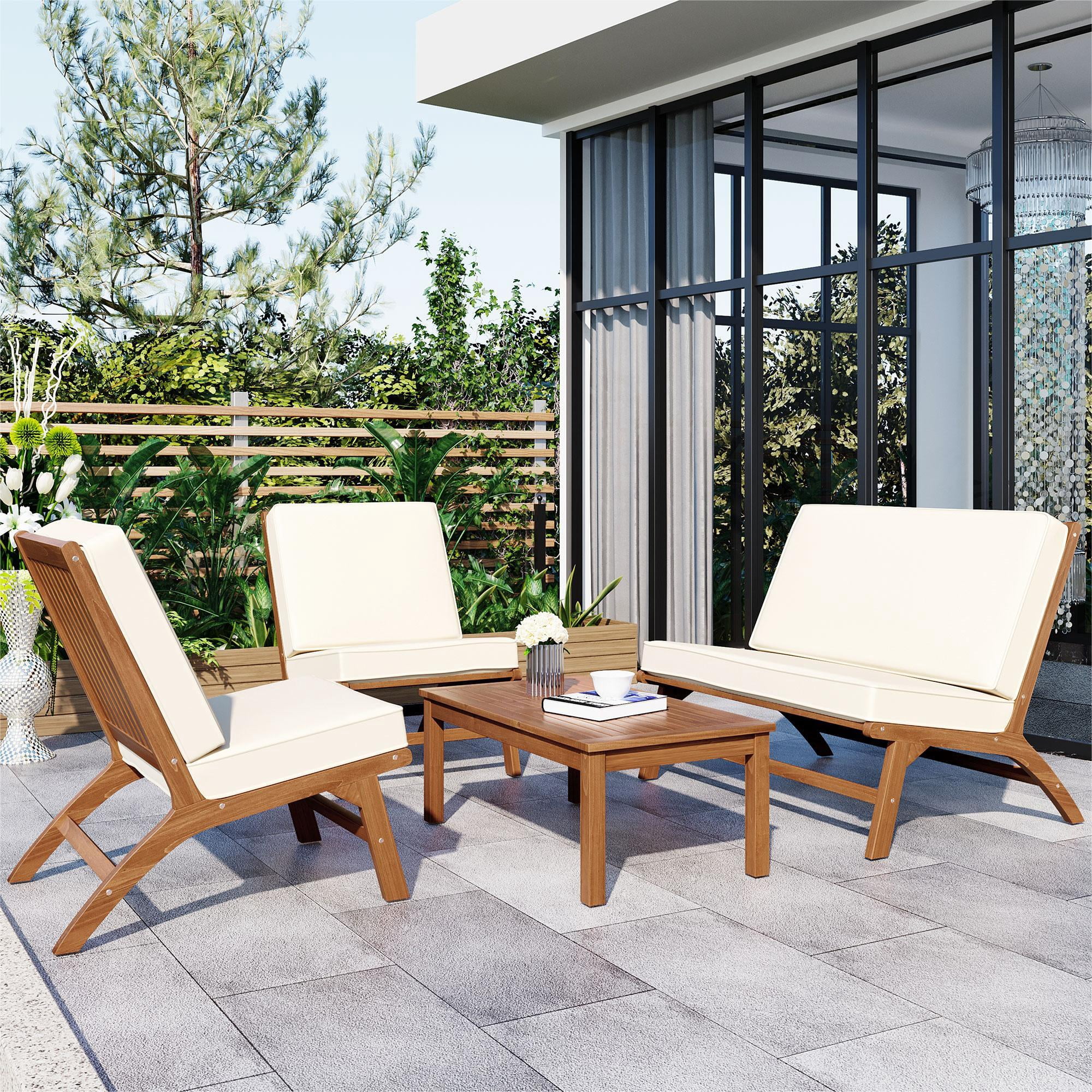 Euroco 4-Piece Acacia Wood Patio Set with End Table & Beige Cushions ...