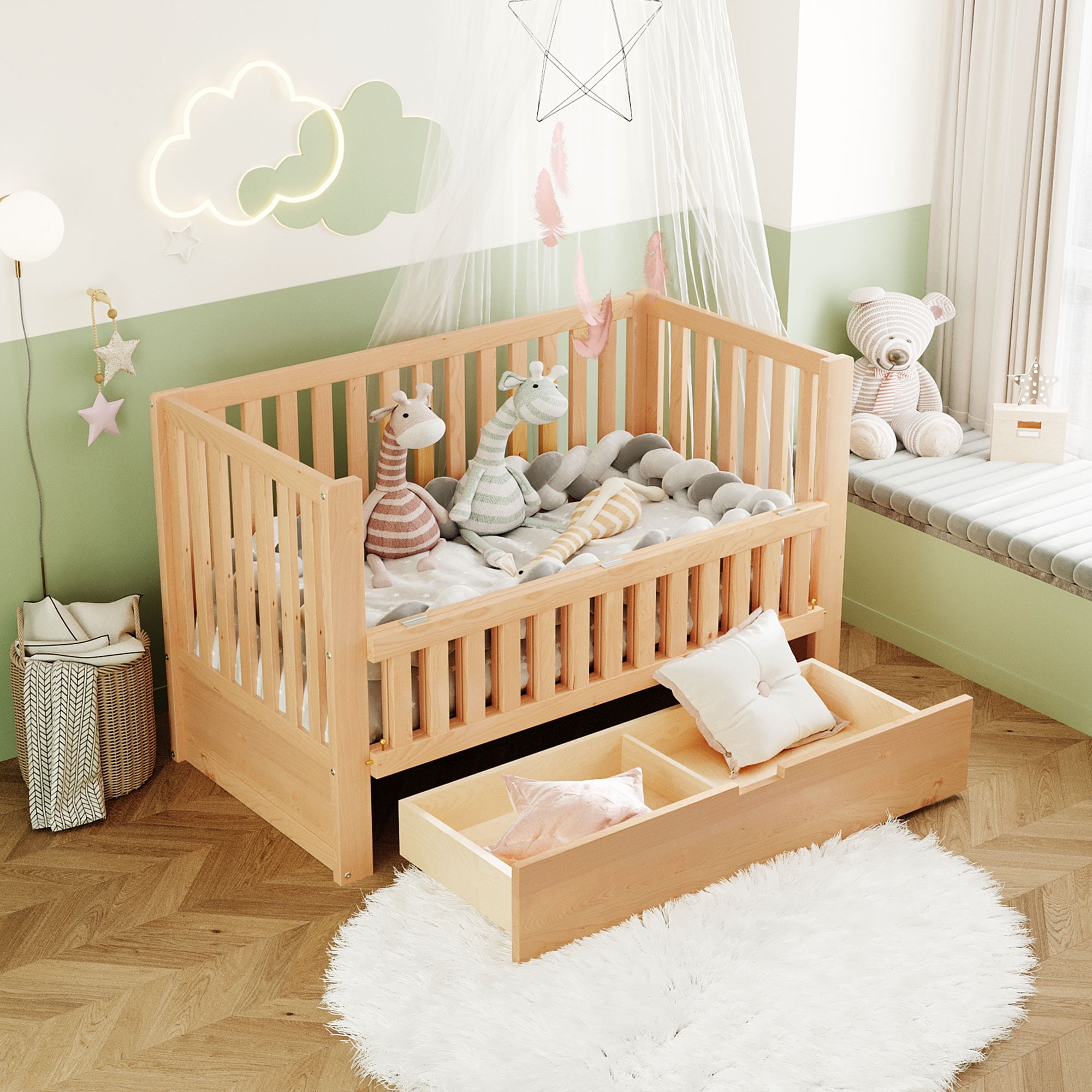 Crib with built-in storage drawers