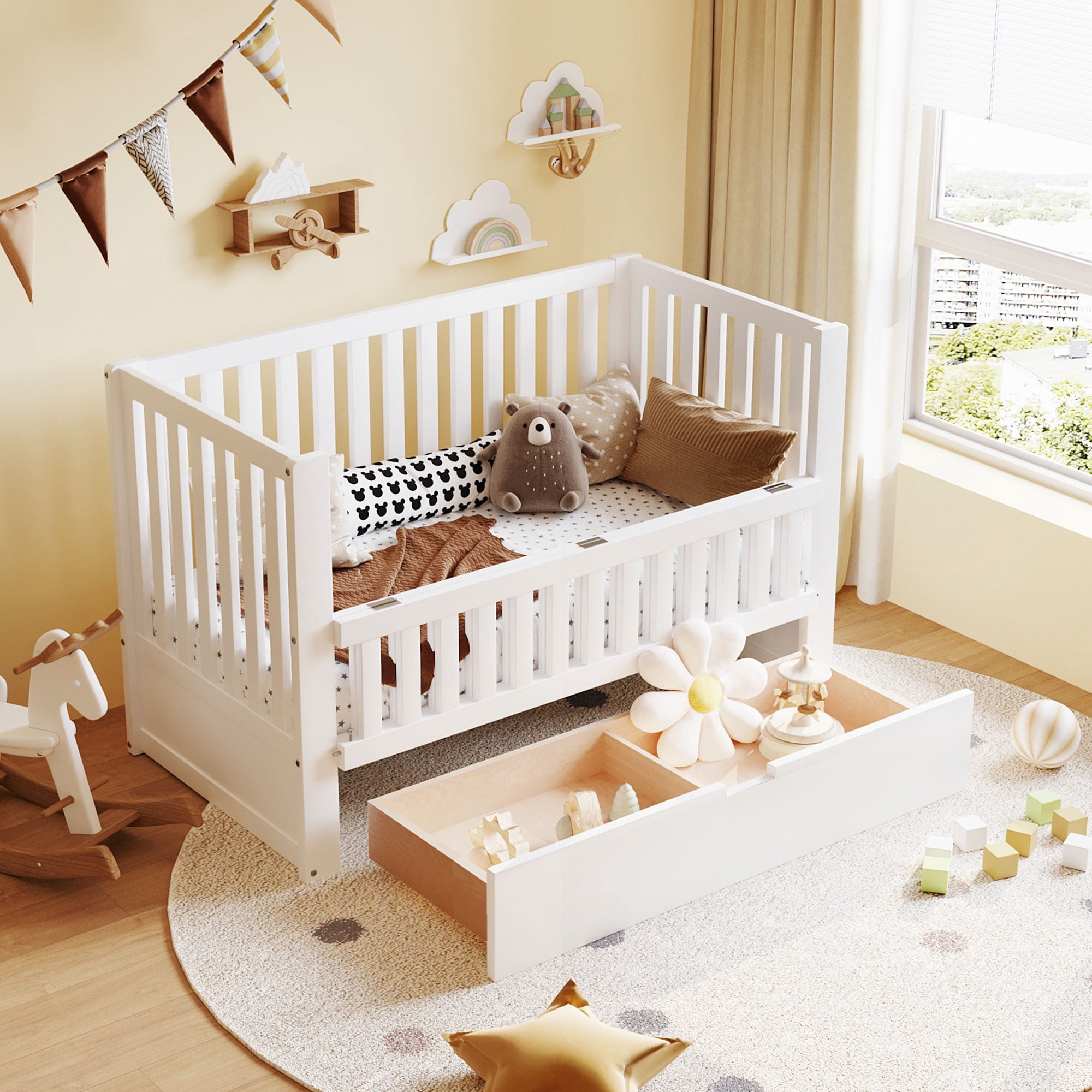 Euroco 4-in-1 Convertible Crib, Baby Crib with Drawers, Crib to Full Size Platform Bed, Wood and Metal, White