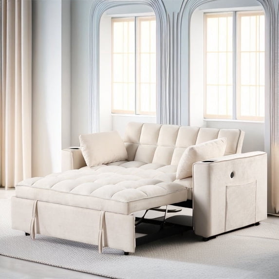 Euroco 4 in 1 Multi-functional Sofa Bed 55 inch Convertible Sofa Bed with Cup Holder and USB Port for Living Room Apartments, White