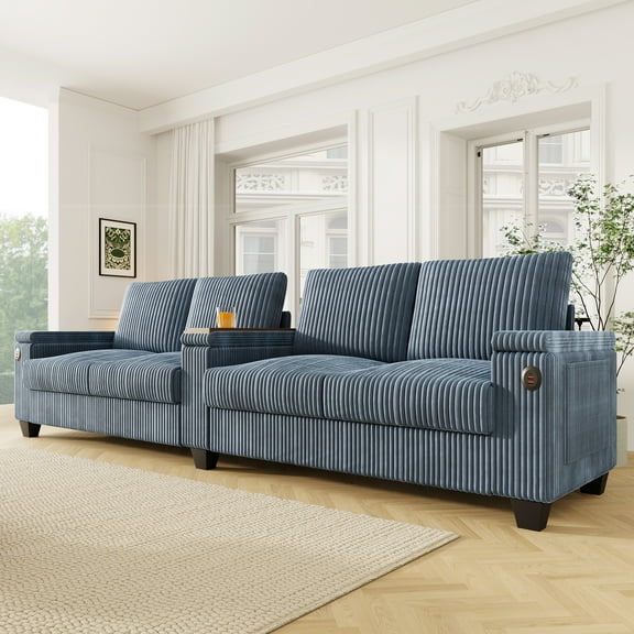 Euroco 4-seater Corduroy Sofa Couch 133" Modern Sofa with USB Ports, Hidden Storage Arms, Flip-Top Cup Holders for Living Room, Blue