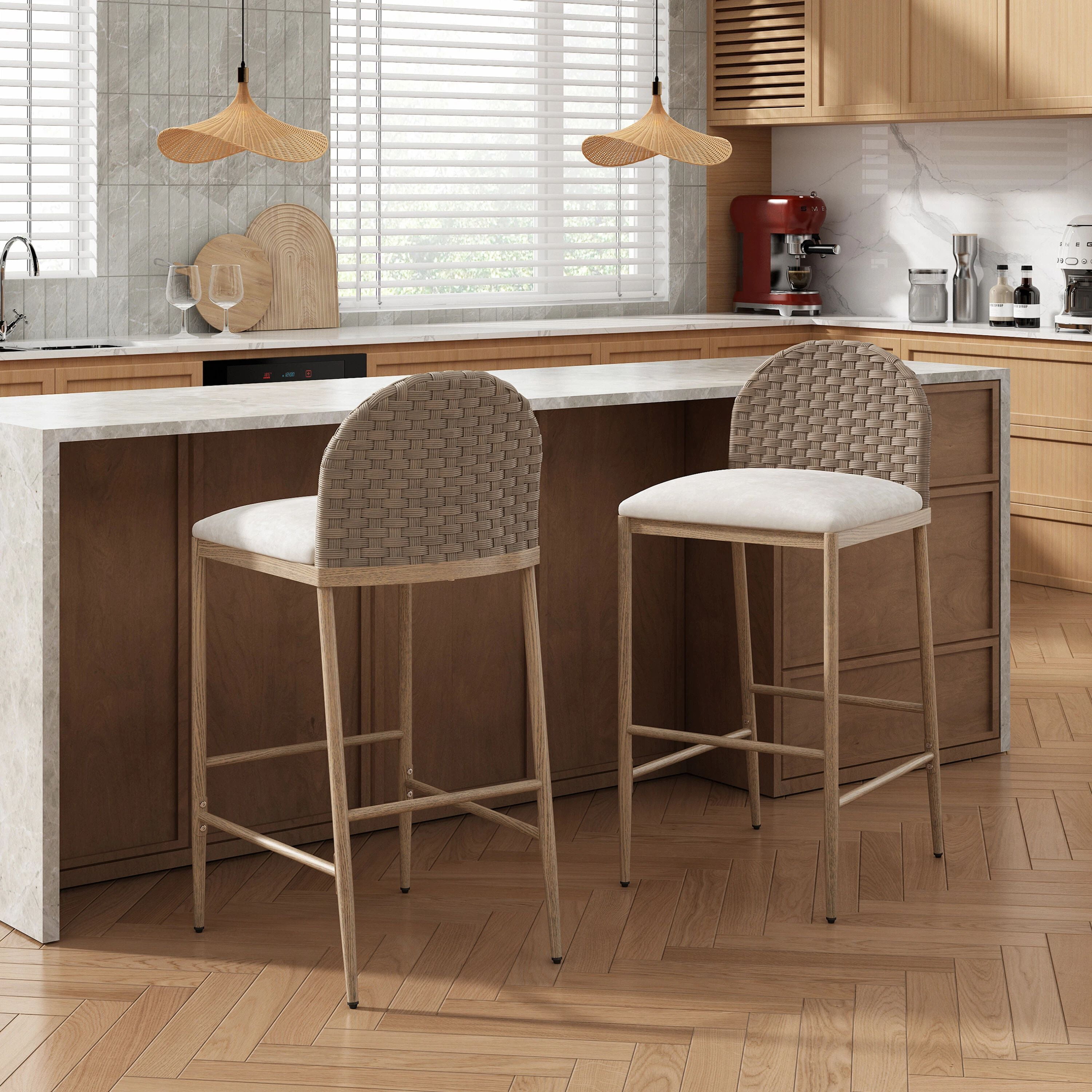 Euroco 40.1"H Upholstered Dining Chairs Set of 2, Farmhouse Kitchen Chairs with Rattan Backrest and Iron Frame,Armless Side Chairs for Living Room, Dining Room,Restaurant, Brown