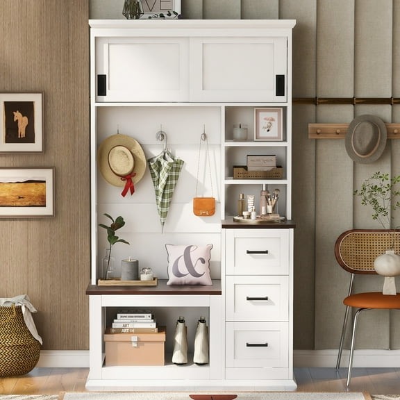 Euroco  Modern Entryway Bench with Coat Rack, 3 Shelves and Drawers, 3 Sturdy Hooks, 40.2'' Wide Hall Tree with Storage Bench for Hallway, Entryway, Living Room