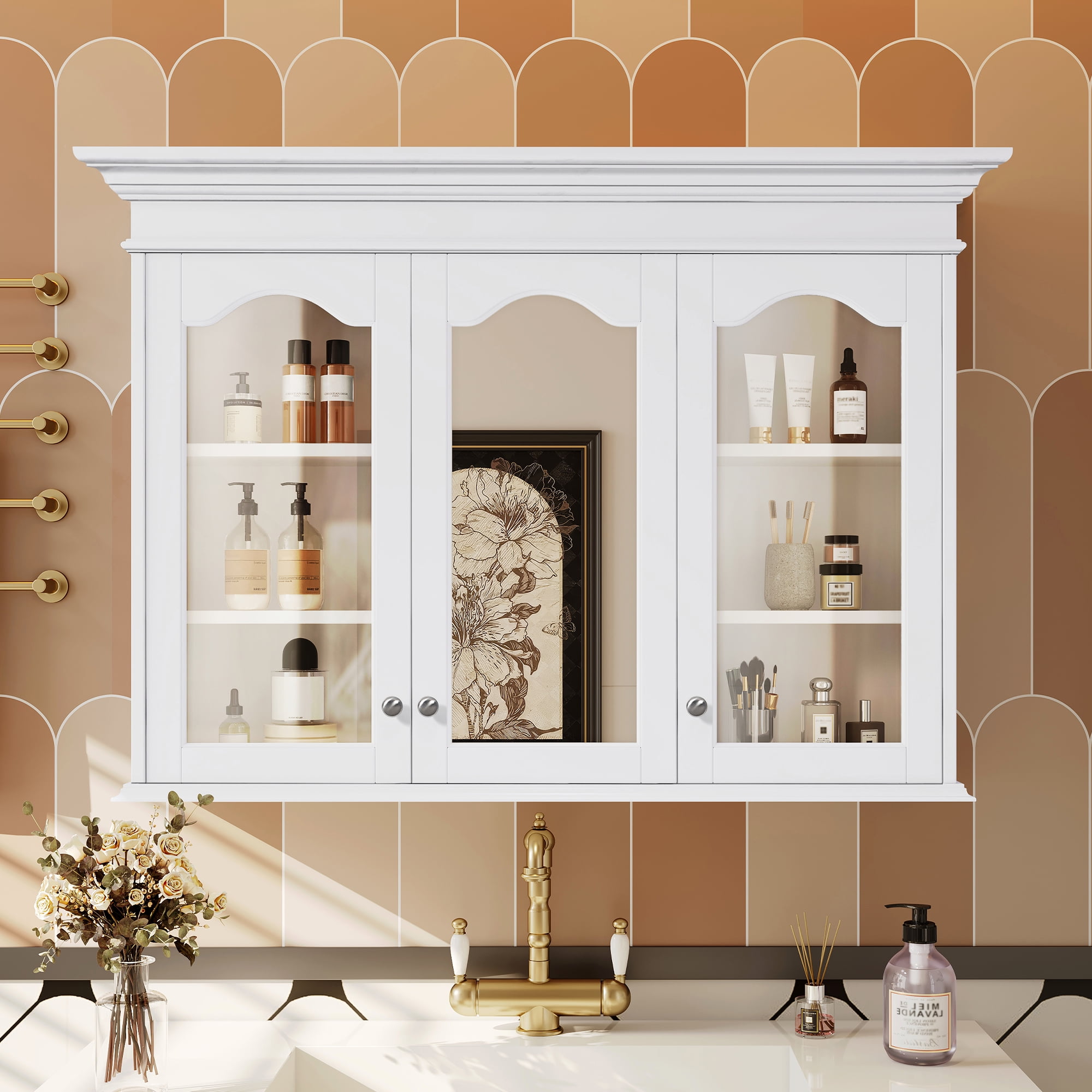 Euroco 40" Medicine Cabinet with Mirror, Bathroom Storage Cabinet with Mirror Door and Shelves, Wall Mounted Bathroom Cabinet with Glass Doors