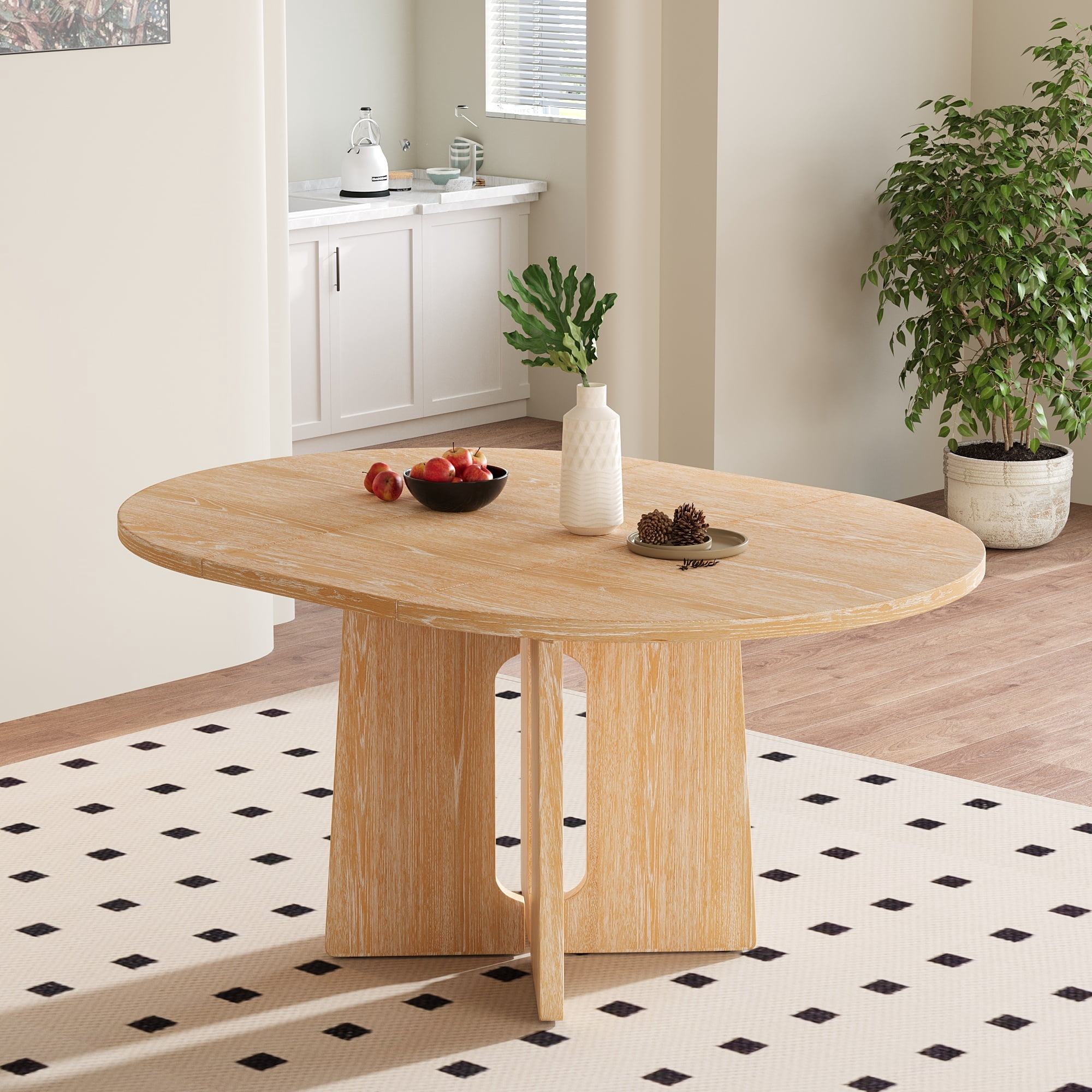 Euroco 41.3in-57.3in Extendable Round Dining Table for 4,Modern Oval Kitchen Table with Removable Leaf,Wood Base for Kitchen Living Room,Natural