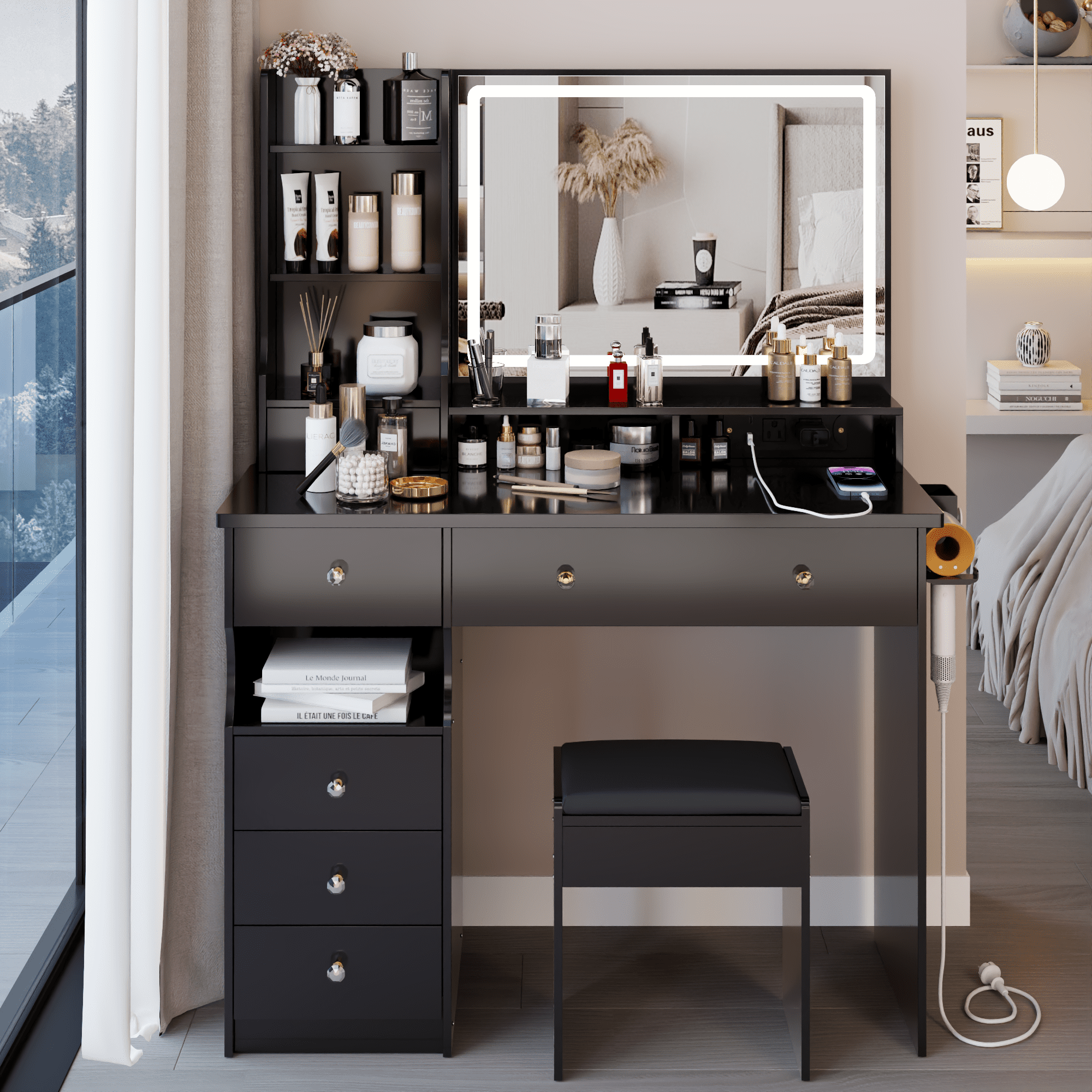 Euroco 41" Large Size Left Drawer Desktop Vanity Table+Cushioned Stool Dresser Set, 2 AC+2 USB Power Station, Hair Dryer Stand, Extra Large Touch Control LED Mirror