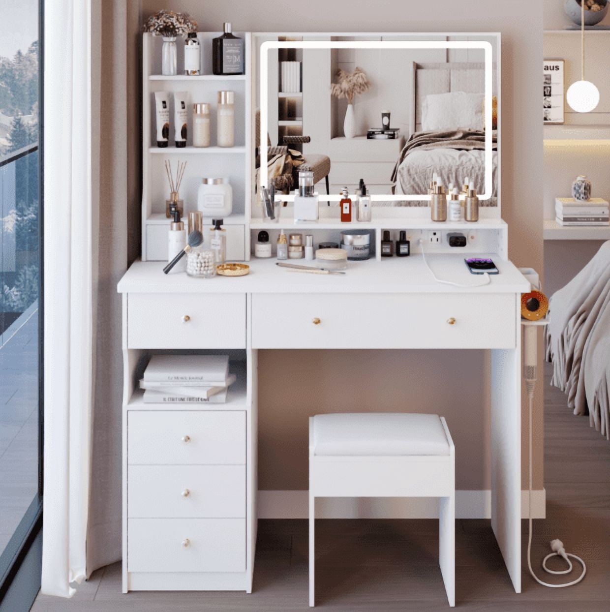 Euroco 41" Large Size Left Drawer Desktop Vanity Table+Cushioned Stool Dresser Set, 2 AC+2 USB Power Station, Hair Dryer Stand, Extra Large Touch Control LED Mirror