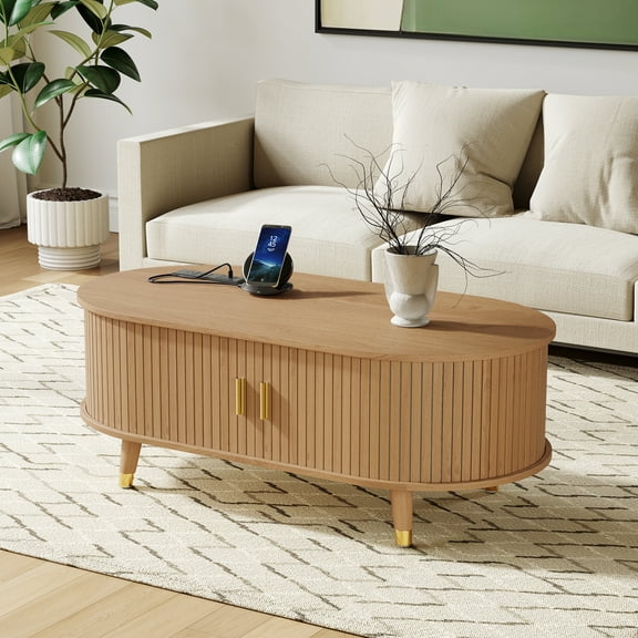 Euroco 42.5"W Wooden Oval Fluted Coffee Table with Charging Station, Mid-Century Center Table with Sliding Tambour Door,Farmhouse Cocktail Table for Living Room, Natural/Teak