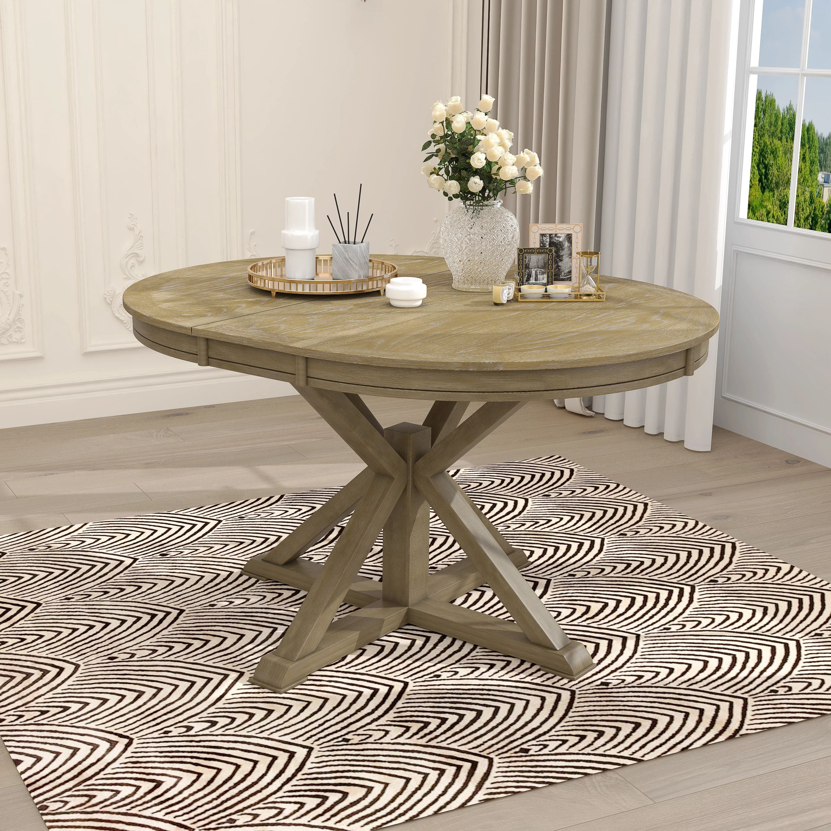 Euroco 42"-54" Extendable Round Dining Table for 4-6, Retro Oval Kitchen Table with Removable Leaves & Storage Shelf for Kitchen Dining Room & Small Apartments,Space Saving,Natural