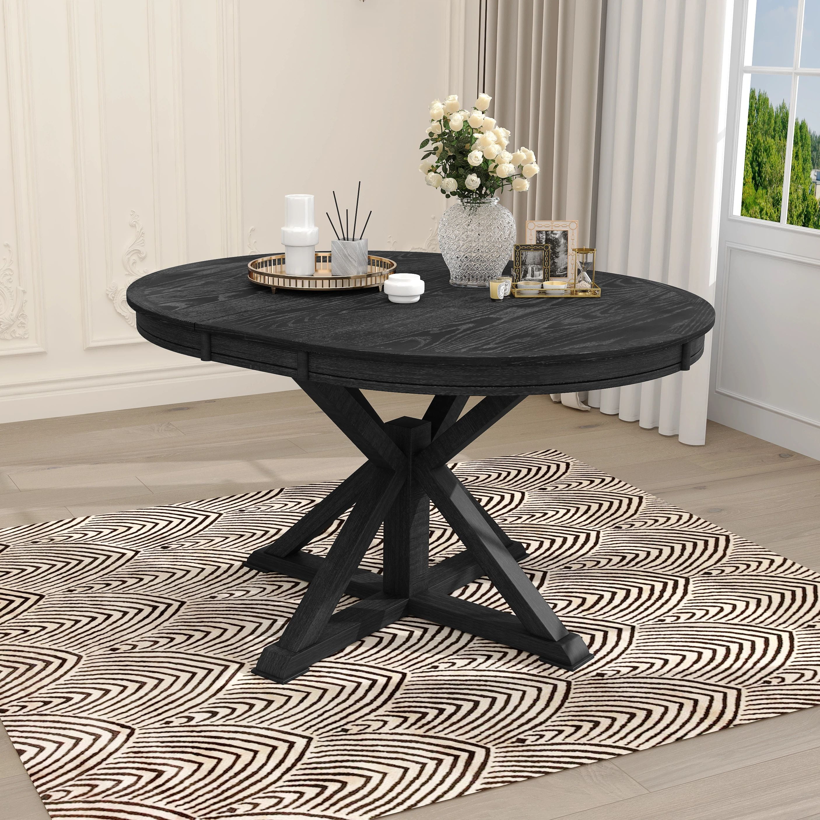 Euroco 42"-54" Extendable Round Dining Table for 4-6, Retro Oval ...