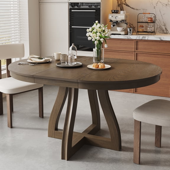 Euroco 42"-58" Extendable Round Dining Table for 4-6, Farmhouse Oval Kitchen Table with Removable Leaves & Curved Legs,Space Saving for Kitchen Living Room,Espresso