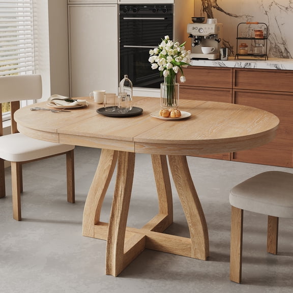 Euroco 42"-58" Extendable Round Dining Table for 4-6, Farmhouse Oval Kitchen Table with Removable Leaves & Curved Legs,Space Saving for Kitchen Living Room,Natural