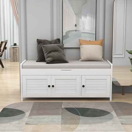Euroco 43.5" Shoe Storage Bench with Lift Top and Cushion, White
