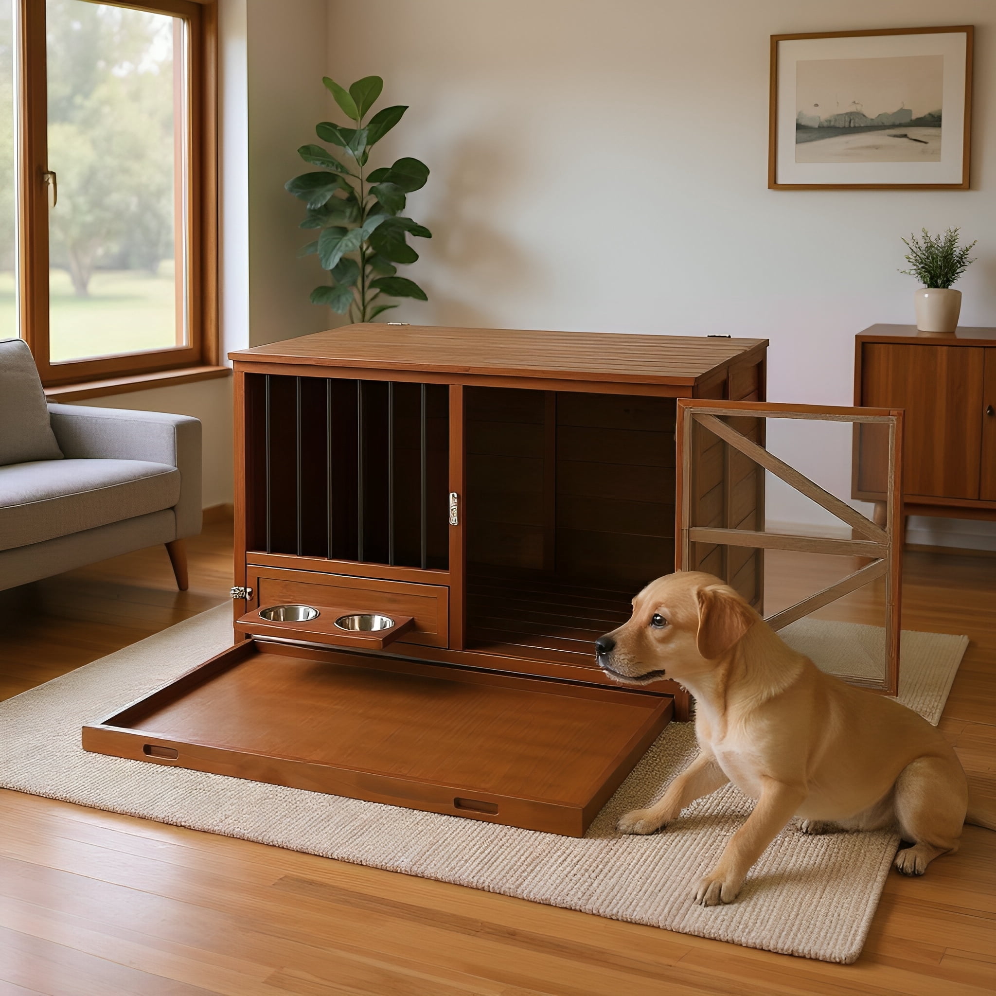 Euroco 43" Solid Wood Dog Crate Furniture, Foldable Indoor Kennel with 360° Rotating Feeder Multi-Functional End Table for Small & Medium Dogs, Portable Pet Cage with Removable Tray & Easy Assembly