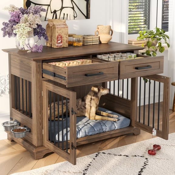 Euroco 44.48" Large Dog Crate Furniture, Indoor Wooden Dog Kennel End Table with 2 Storage Drawers and Rotating Bowls, Decorative Pet Cage Dog House for Medium Dogs,Brown