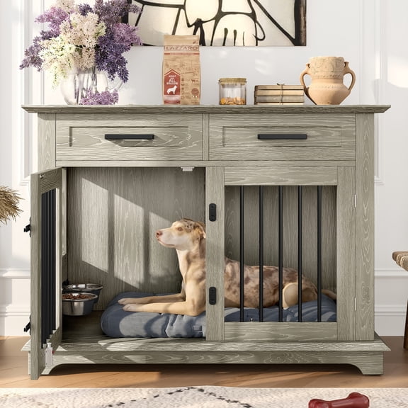 Euroco 44.48" Large Dog Crate Furniture, Indoor Wooden Dog Kennel End Table with 2 Storage Drawers and Rotating Bowls, Decorative Pet Cage Dog House for Medium Dogs, Gray