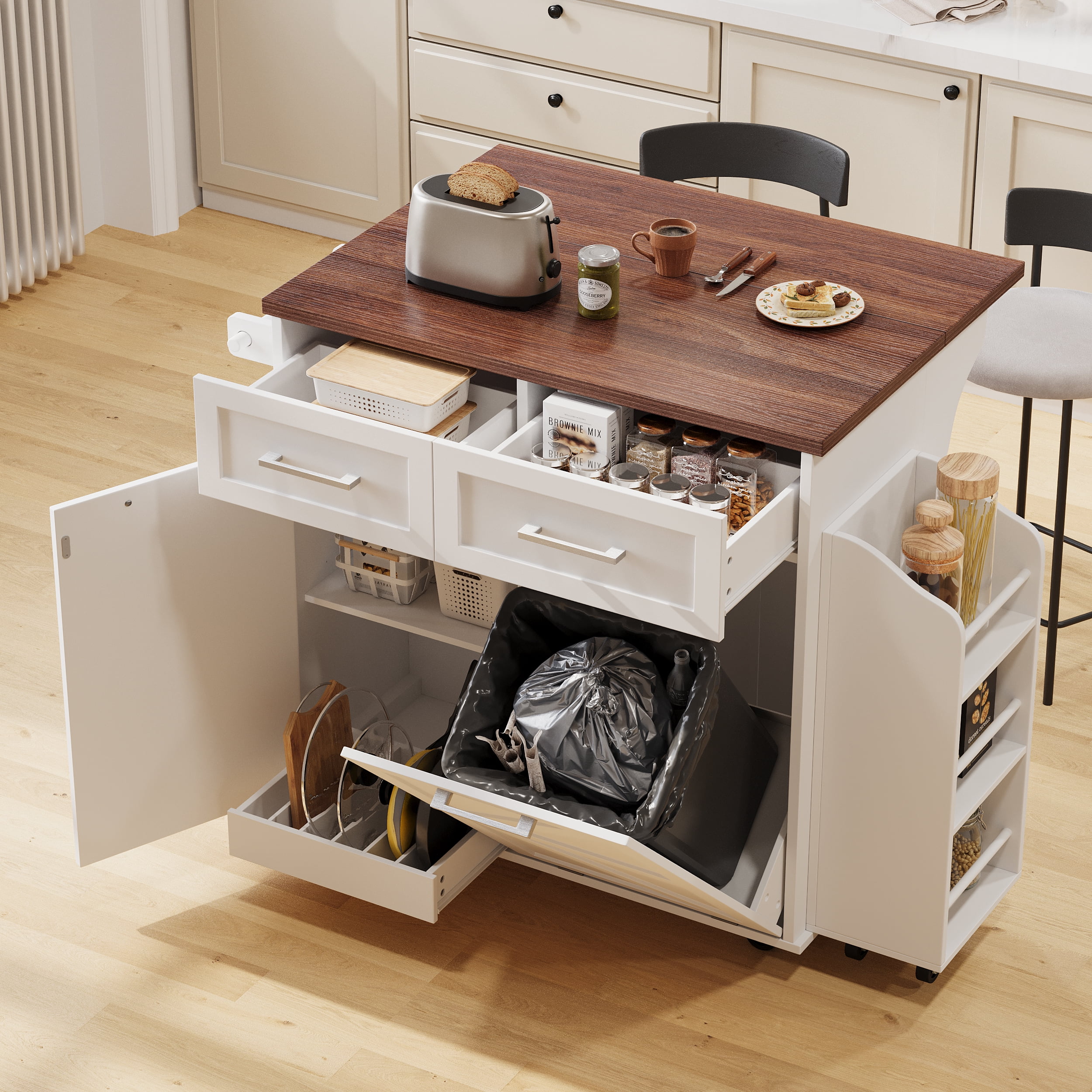 Euroco 47.2" Farmhouse Kitchen Island with Drop Leaf, Kitchen Storage Island with Removable Side Racks, Two Drawers, Rolling Kitchen Cart on Wheels with Towel Rack
