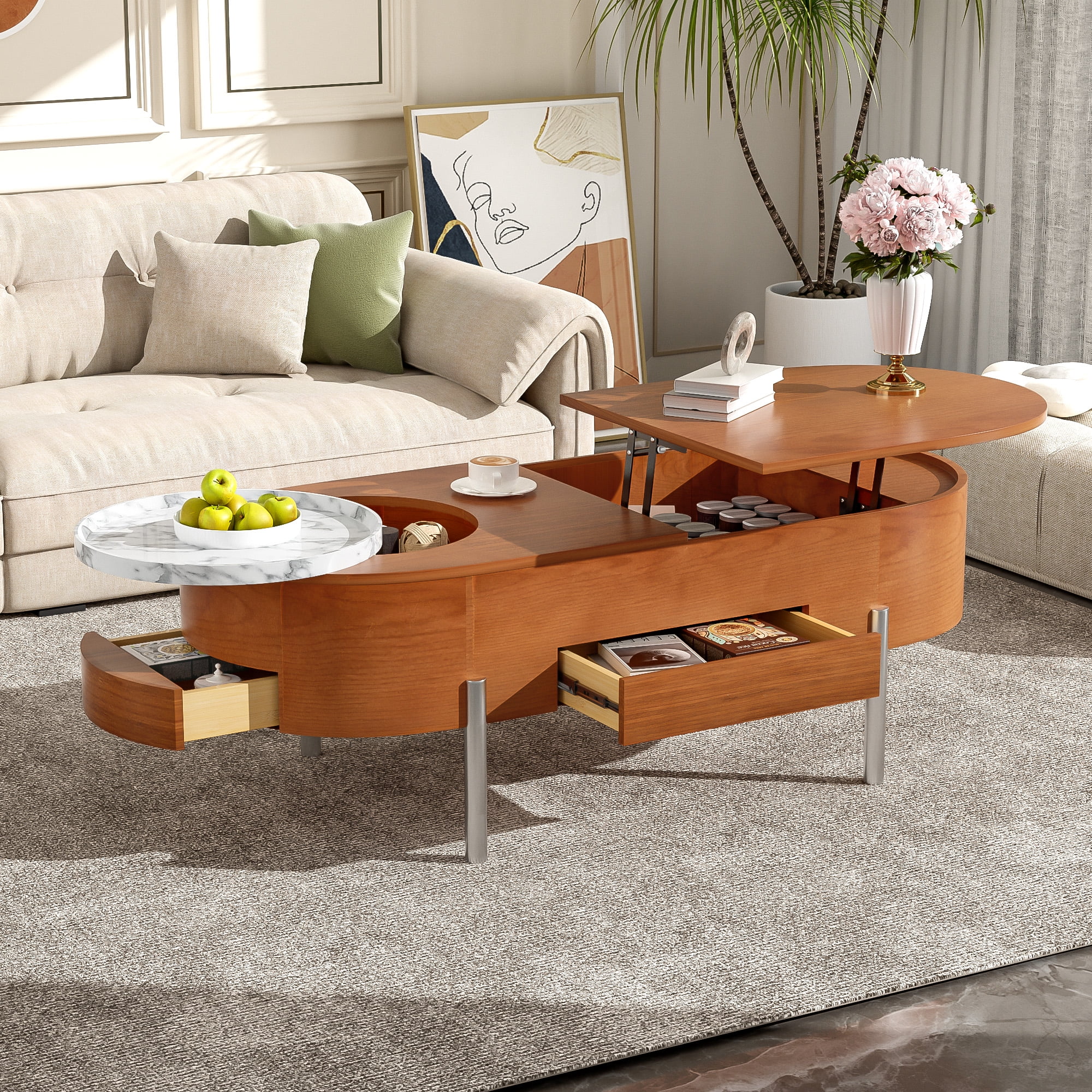 Euroco 47.2''Lift Top Coffee Table with 360-degree Marble-patterned rotating tray,Hidden Compartment, Partially Assembled Wooden Center Table, Modern Oval Lift Tabletop