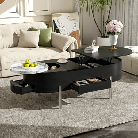 Euroco 47.2''Lift Top Coffee Table with 360-degree Marble-patterned rotating tray,Hidden Compartment, Partially Assembled Wooden Center Table, Modern Oval Lift Tabletop