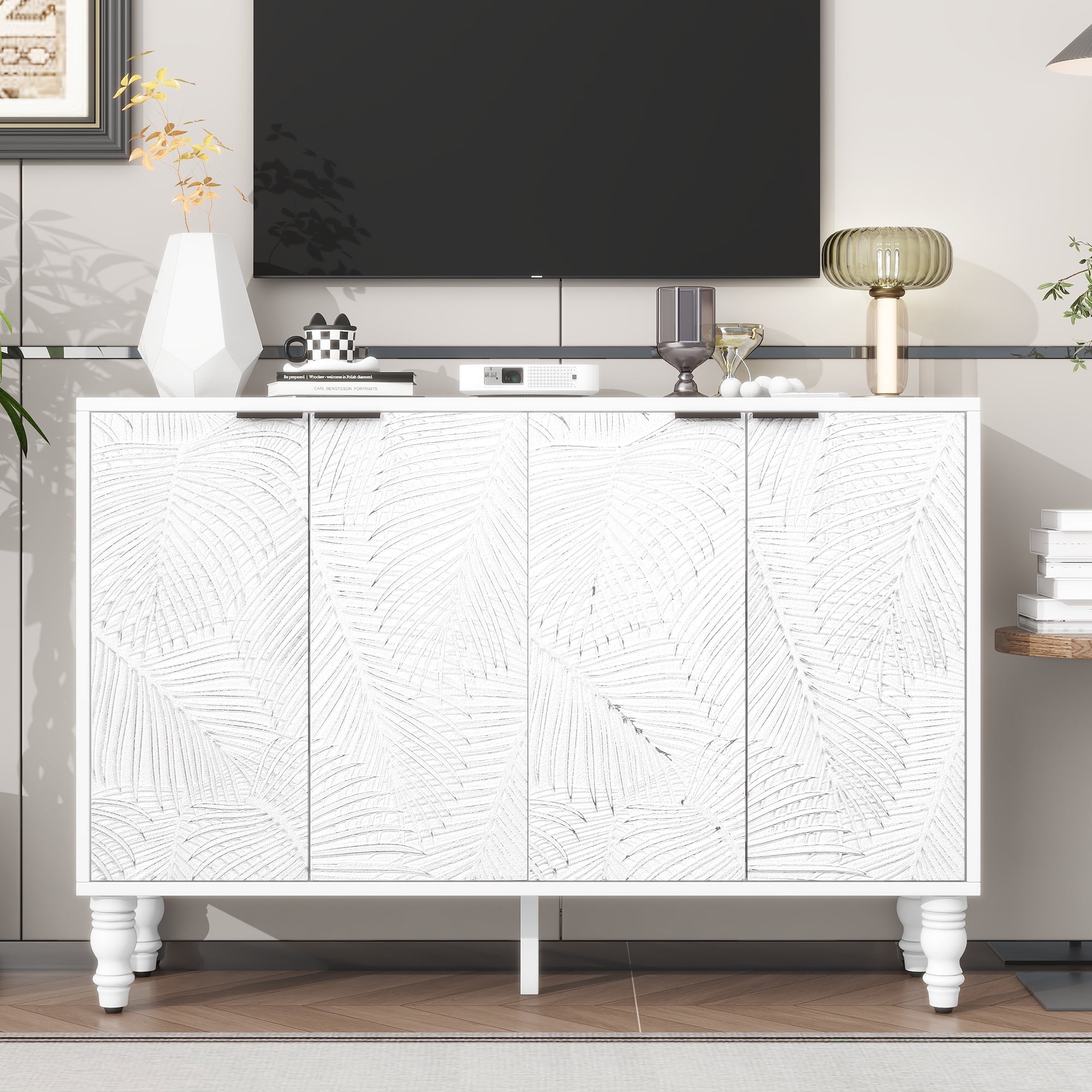Euroco 47.2" Modern TV Stand with 2 Spacious Storage Cabinets – Entertainment Center Media Console, Solid Wood Legs, Adjustable Shelves & Anti-Tip Device for TVs up to 43"