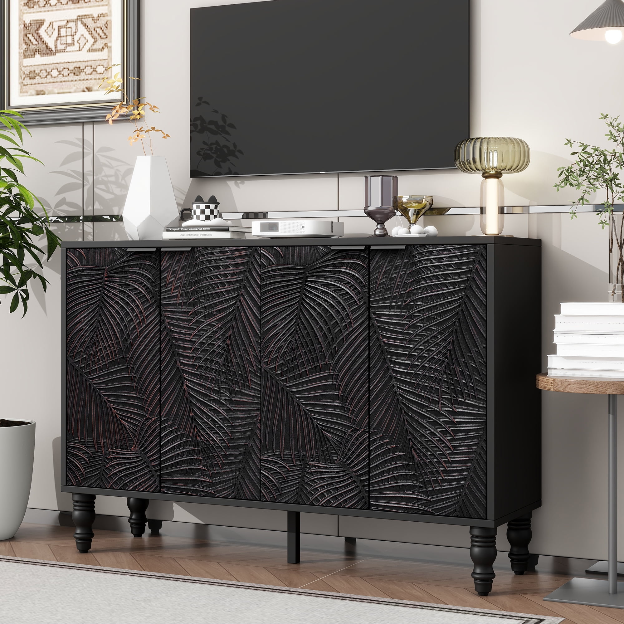 Euroco 47.2" Modern TV Stand with 2 Spacious Storage Cabinets – Entertainment Center Media Console, Solid Wood Legs, Adjustable Shelves & Anti-Tip Device for TVs up to 43"