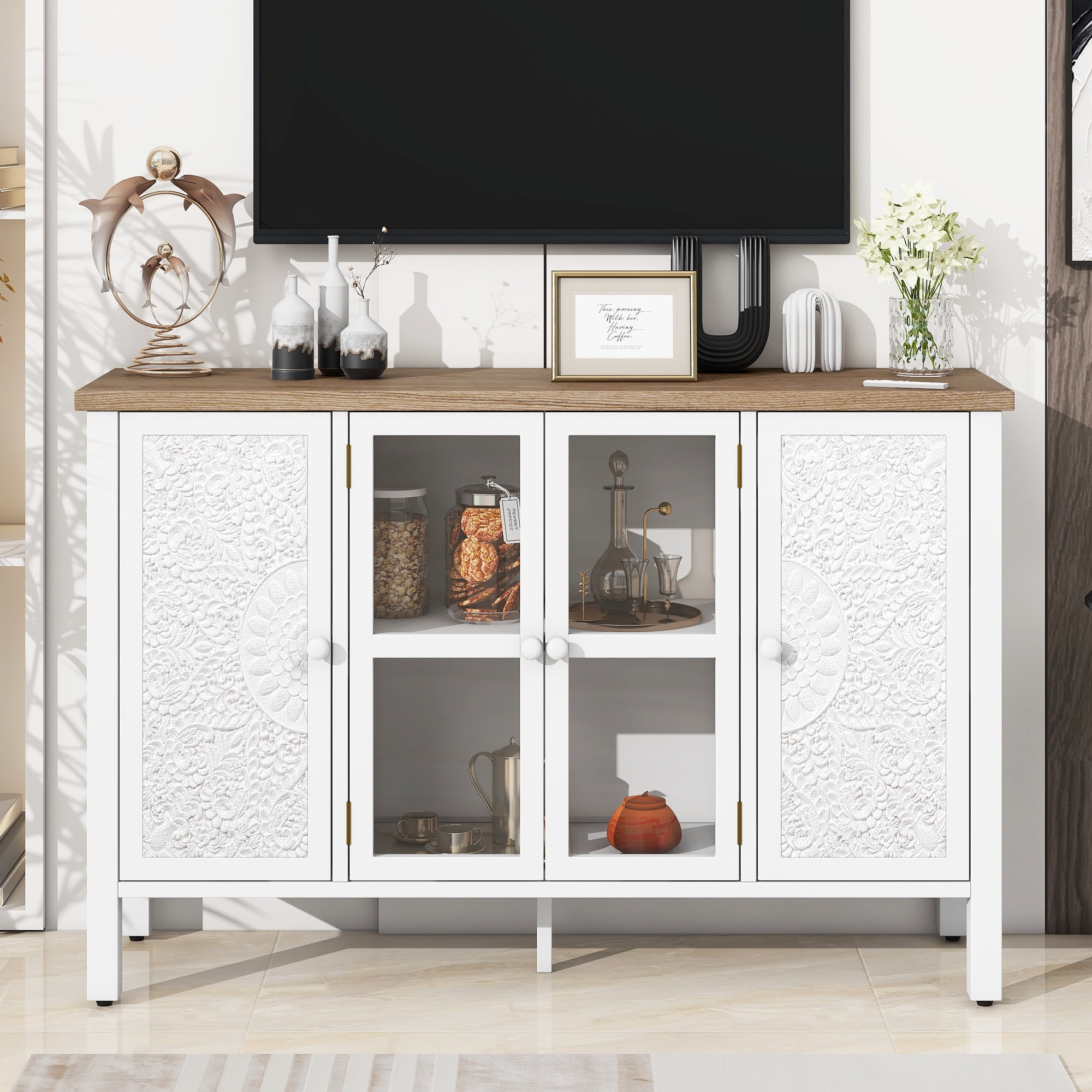 Euroco 47.2'' Retro TV Stand for TVs up to 43 Inches, Entertainment Center Media Console Cabinet with 3 Spacious Cabinets, Glass Cabinet Doors and Anti-tip Device for Living room