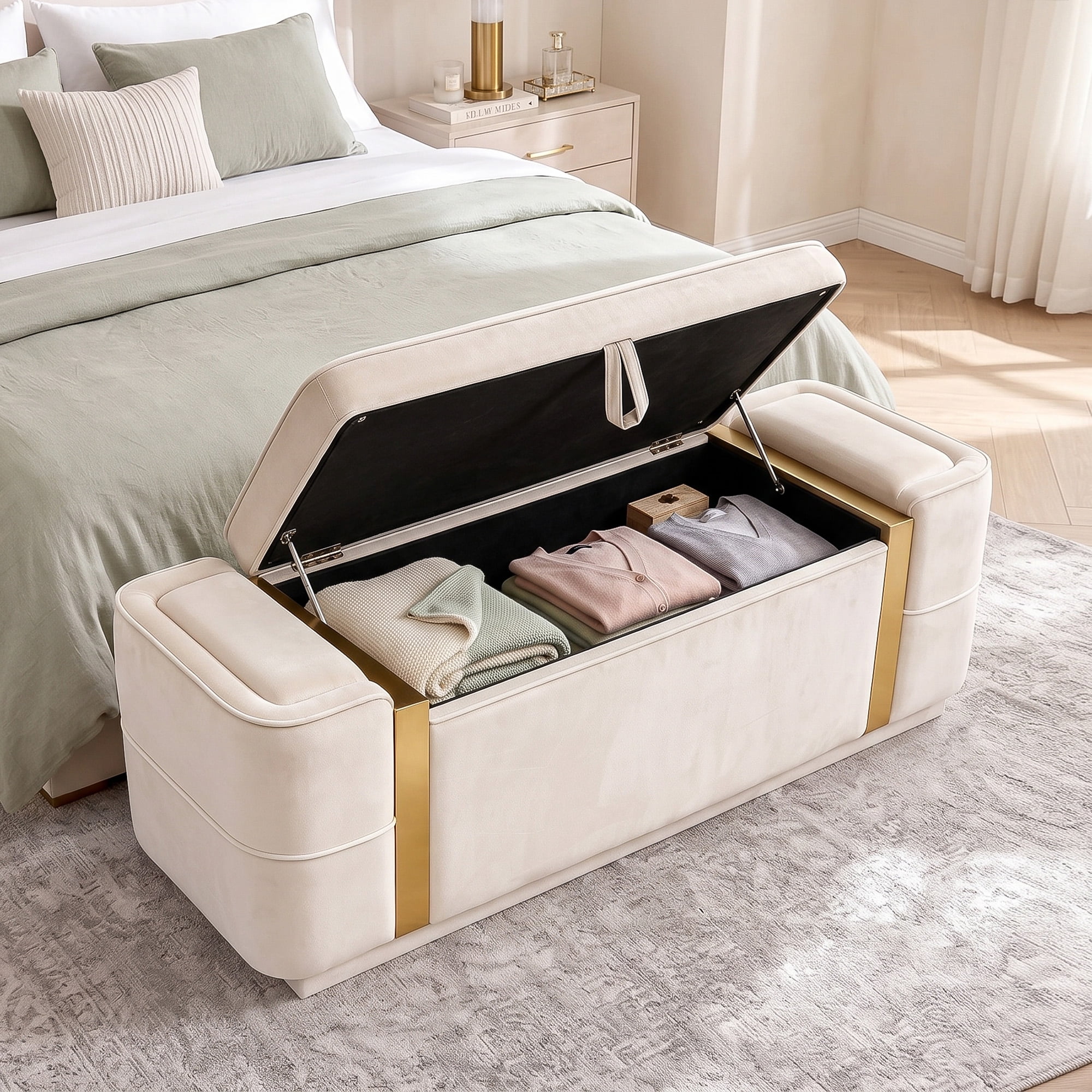 Euroco 47.2" Storage Ottoman Bench,Upholstered End of Bed Bench with Seating, Entryway Bench for Living Room Bedroom,Beige