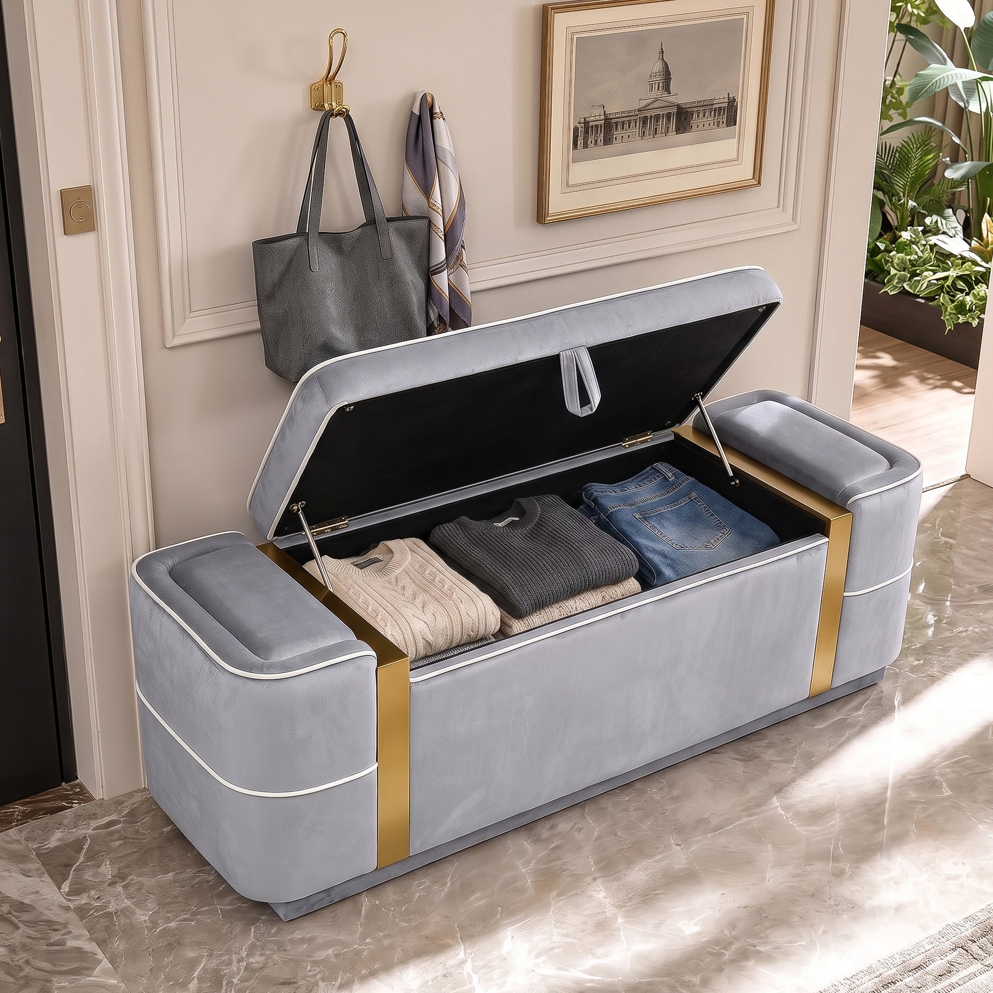 Euroco 47.2" Storage Ottoman Bench,Upholstered End of Bed Bench with Seating, Entryway Bench for Living Room Bedroom,Grey
