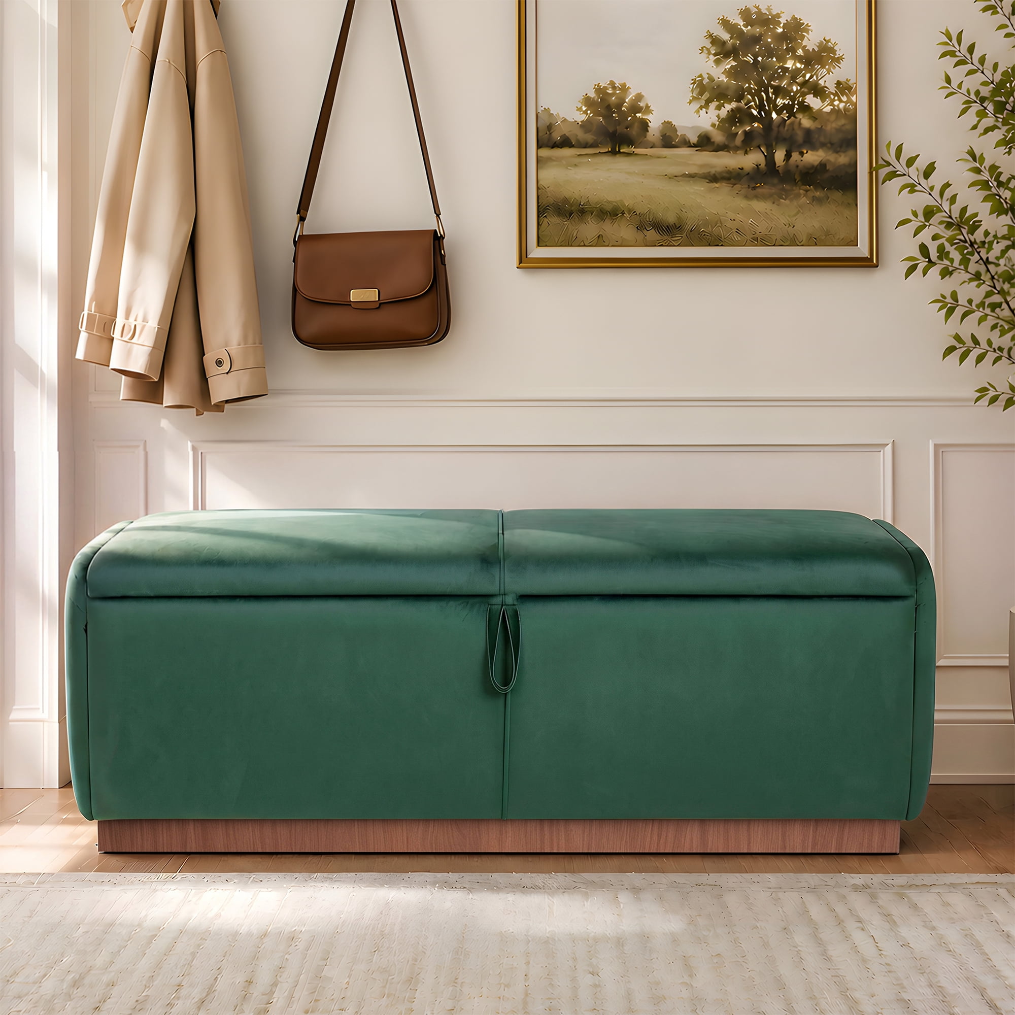 Euroco 47.2" Storage Ottoman Bench,Upholstered Footrest Entryway Bench, End of Bed Bench for Living Room Bedroom,Green