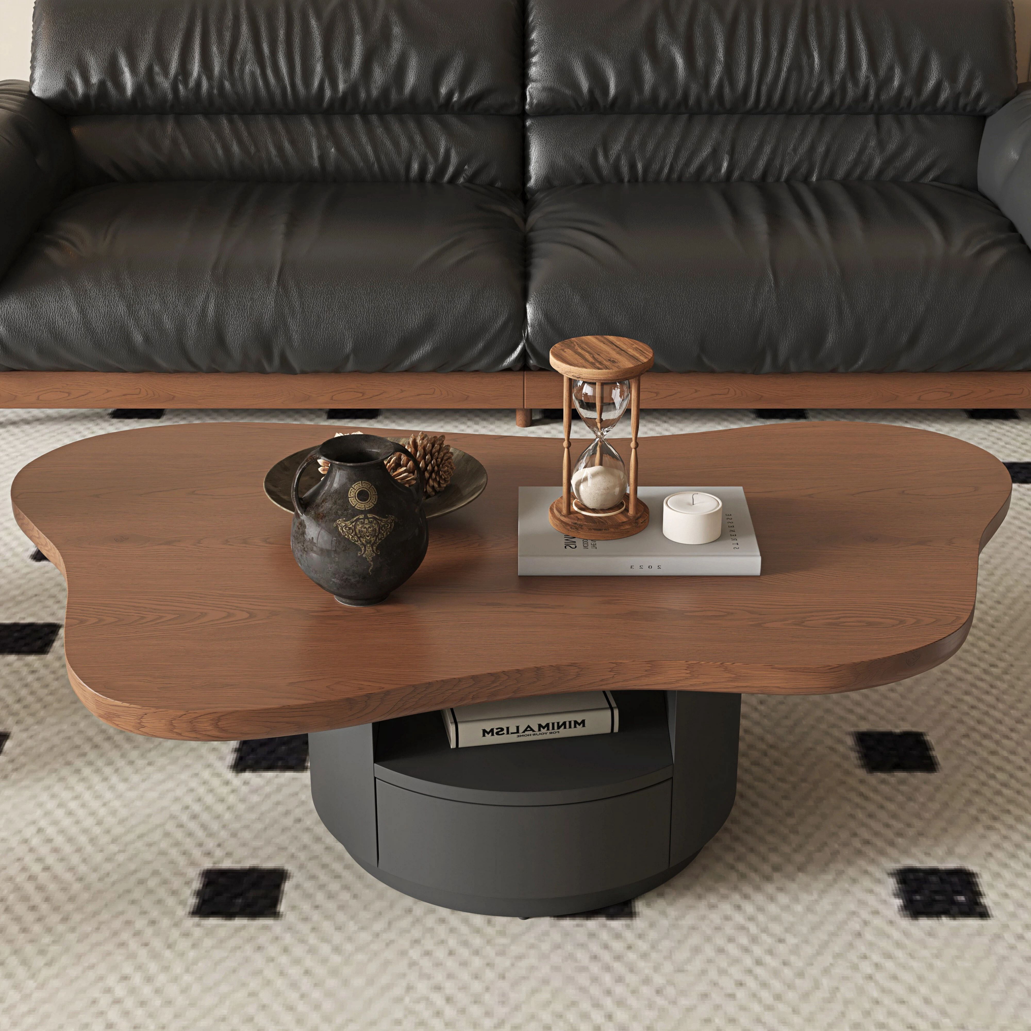 Euroco 47.24" Cloud Coffee Table with 2 Drawers, Mid-Century Modern Irregular Center Table with Storage Base for Living Room,Walnut