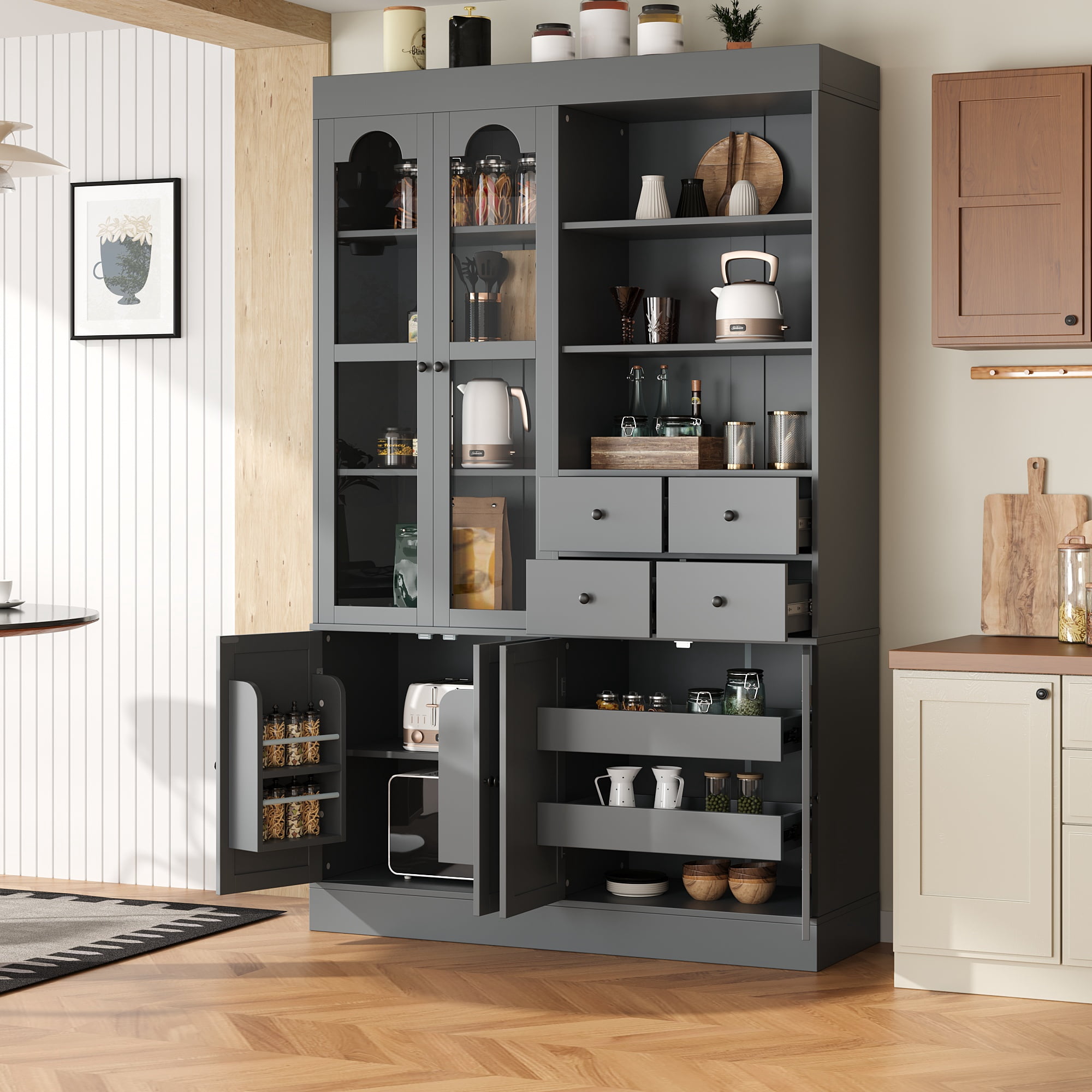 Euroco 47.2x15.7x75inch Freestanding Buffet with Hutch, Tall Kitchen Pantry Cabinet with 4 Drawers, Door Shelves and Pull-out Trays for Dining room, Living Room, Gray