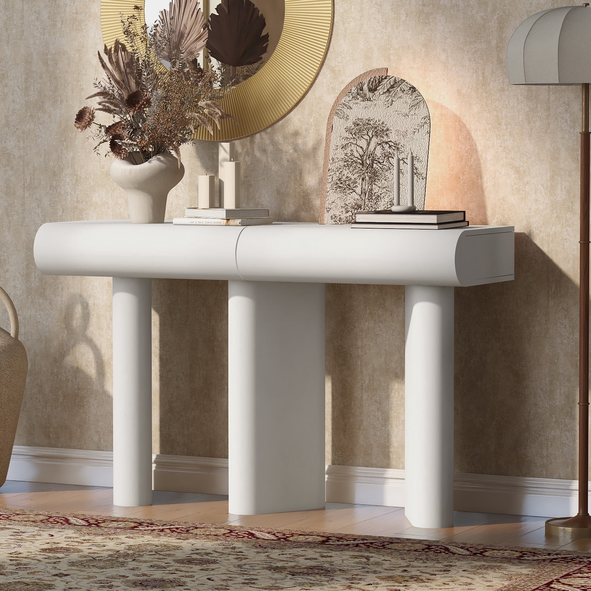 Euroco 47.6" Modern Console Table with 2 Curved Drawers,Narrow Sofa Table Entryway Table with Geometric Legs for Living Room,Foyer,Small Apartments,White