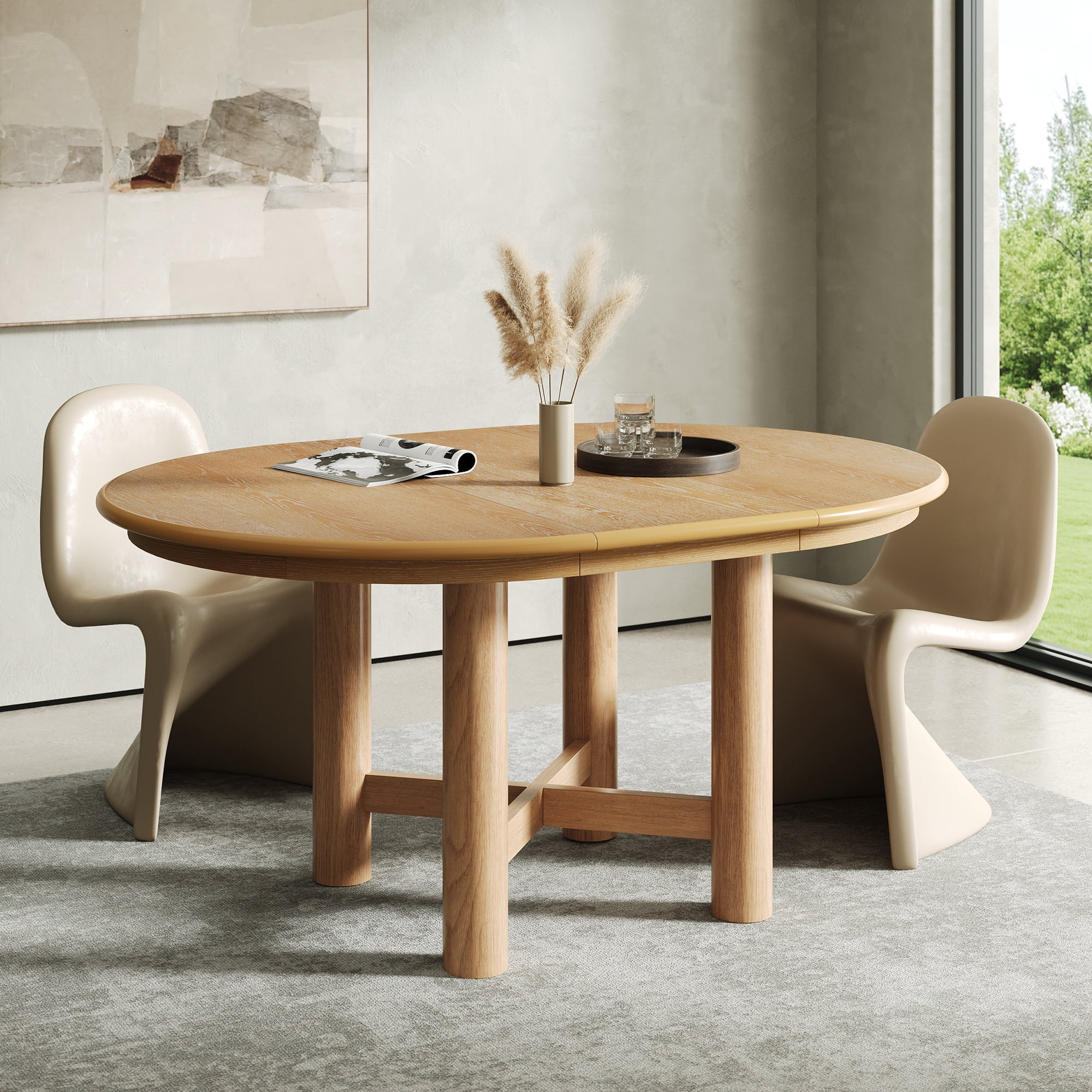 Euroco 47"-63" Extendable Round Dining Table for 4-6,Modern Oval Kitchen Table with Removable Leaf and Heavy Duty Wood Base,Space Saving for Kitchen Living Room,Natural