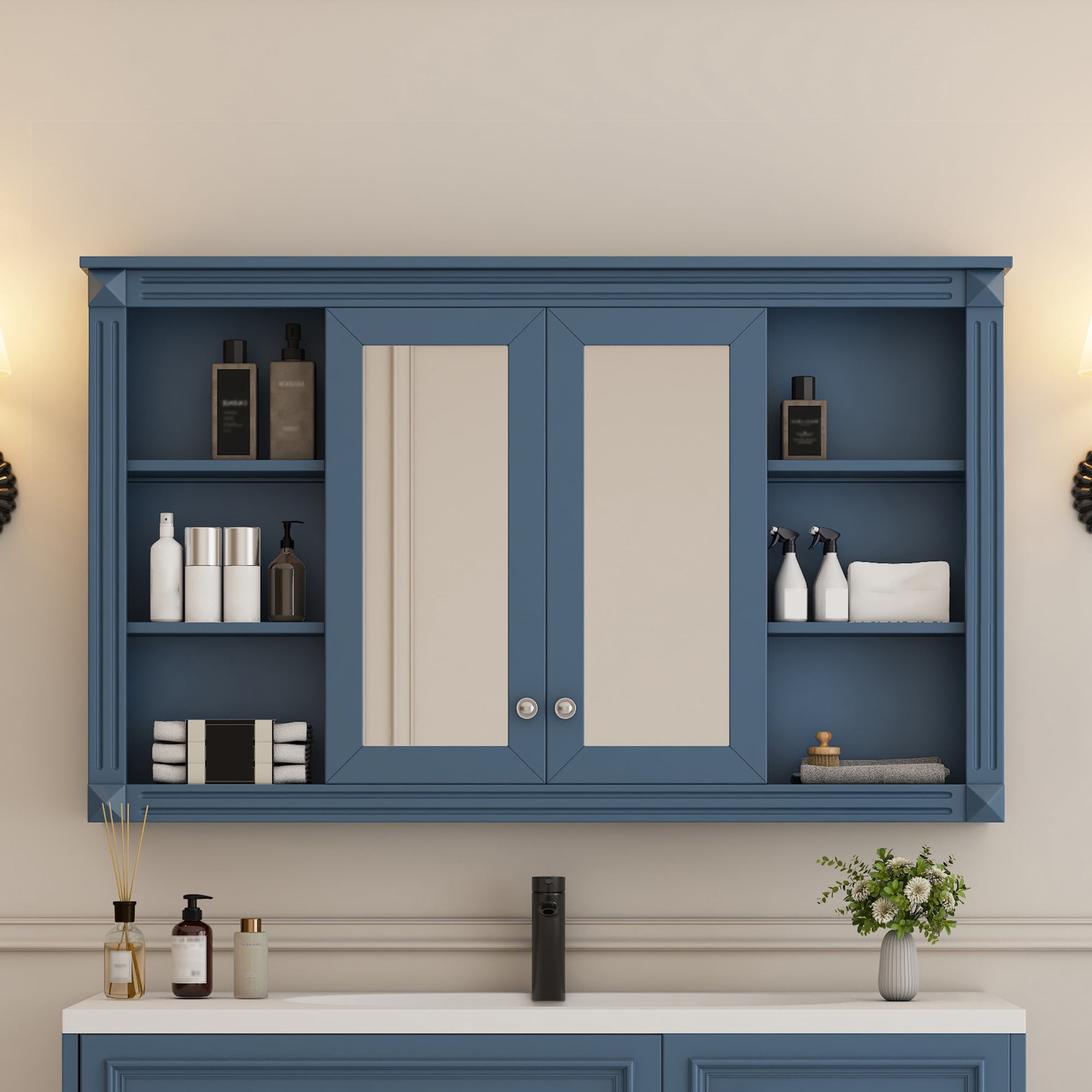 Euroco 47 Inch Bathroom Mirror Cabinet with Storage, Adjustable Shelf and Open Shelves, Wall Mounted Medicine Cabinet for Bathroom, Bedroom, Vanity