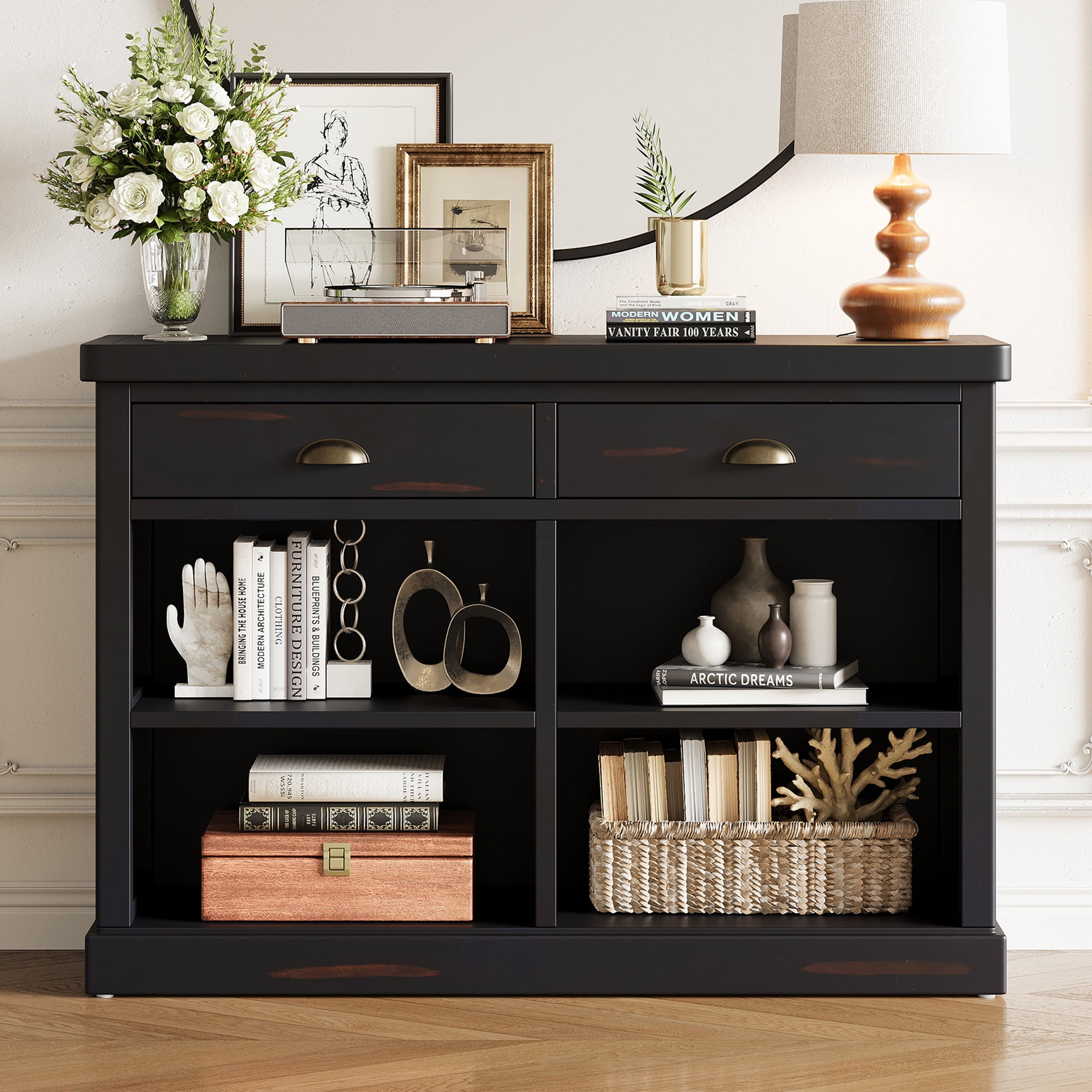 Euroco 47" Long Console Table, Wood Narrow Sofa Table with Open Storage Shelves & 2 Drawers,Entryway Table Accent Table for Living Room, Hallway,Espresso