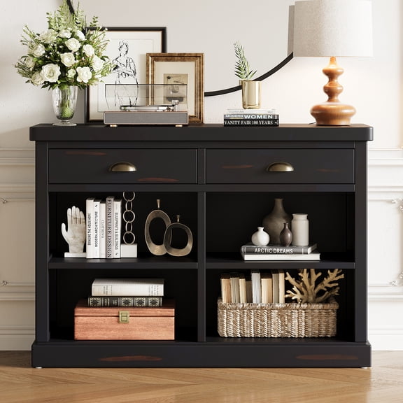 Euroco 47" Long Console Table, Wood Narrow Sofa Table with Open Storage Shelves & 2 Drawers,Entryway Table Accent Table for Living Room, Hallway,Espresso