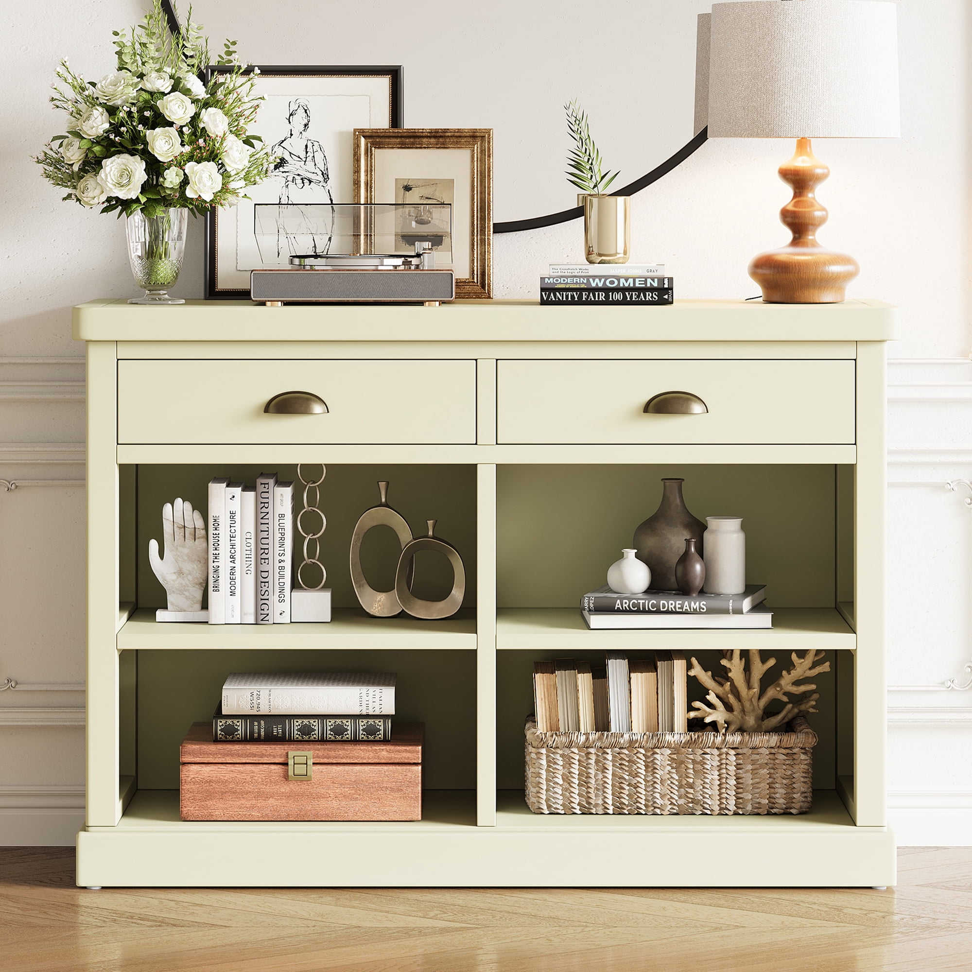 Euroco 47" Long Console Table, Wood Narrow Sofa Table with Open Storage Shelves & 2 Drawers,Entryway Table Accent Table for Living Room, Hallway,White