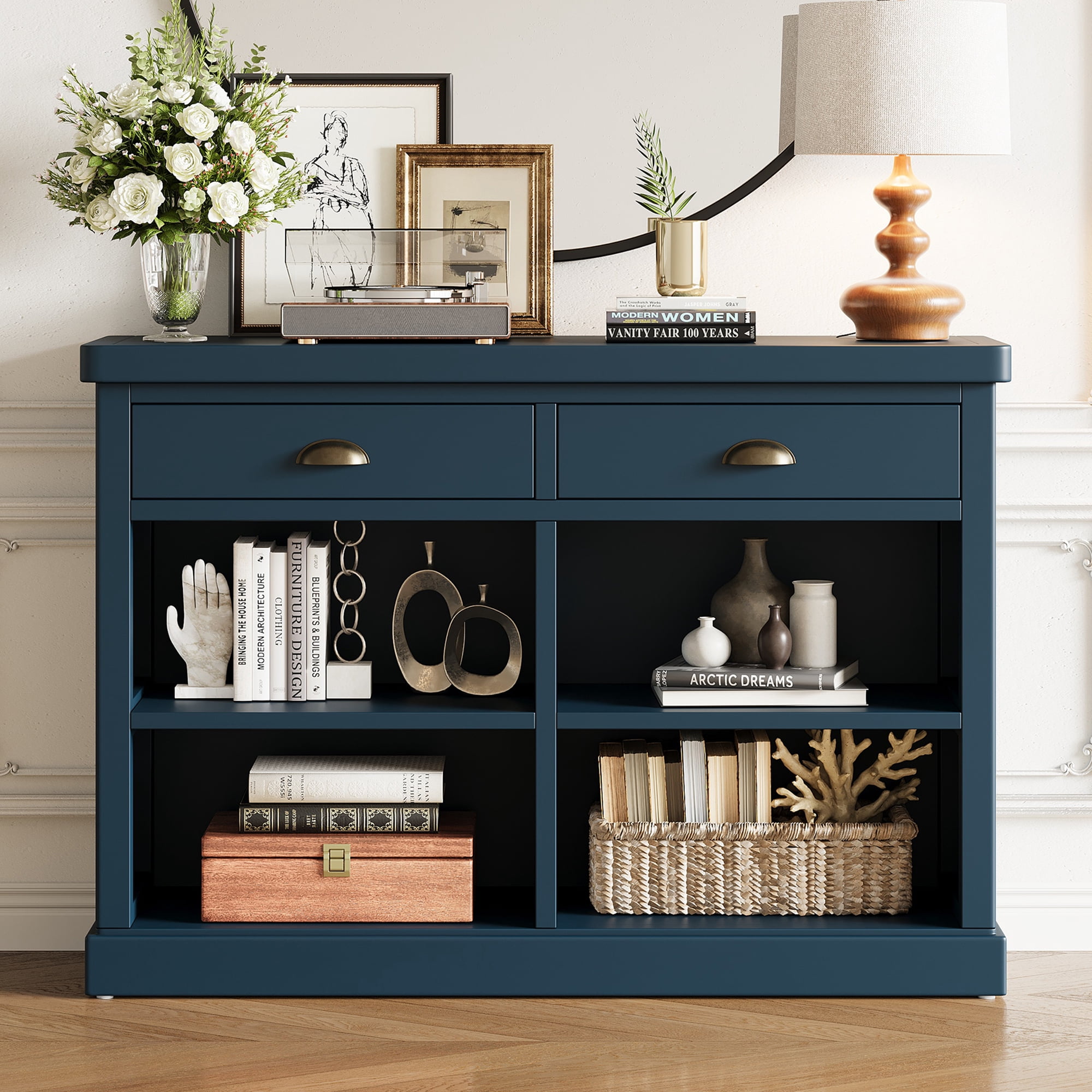 Euroco 47" Long Console Table, Wood Narrow Sofa Table with Open Storage Shelves & 2 Drawers,Entryway Table Accent Table for Living Room, Hallway,Navy